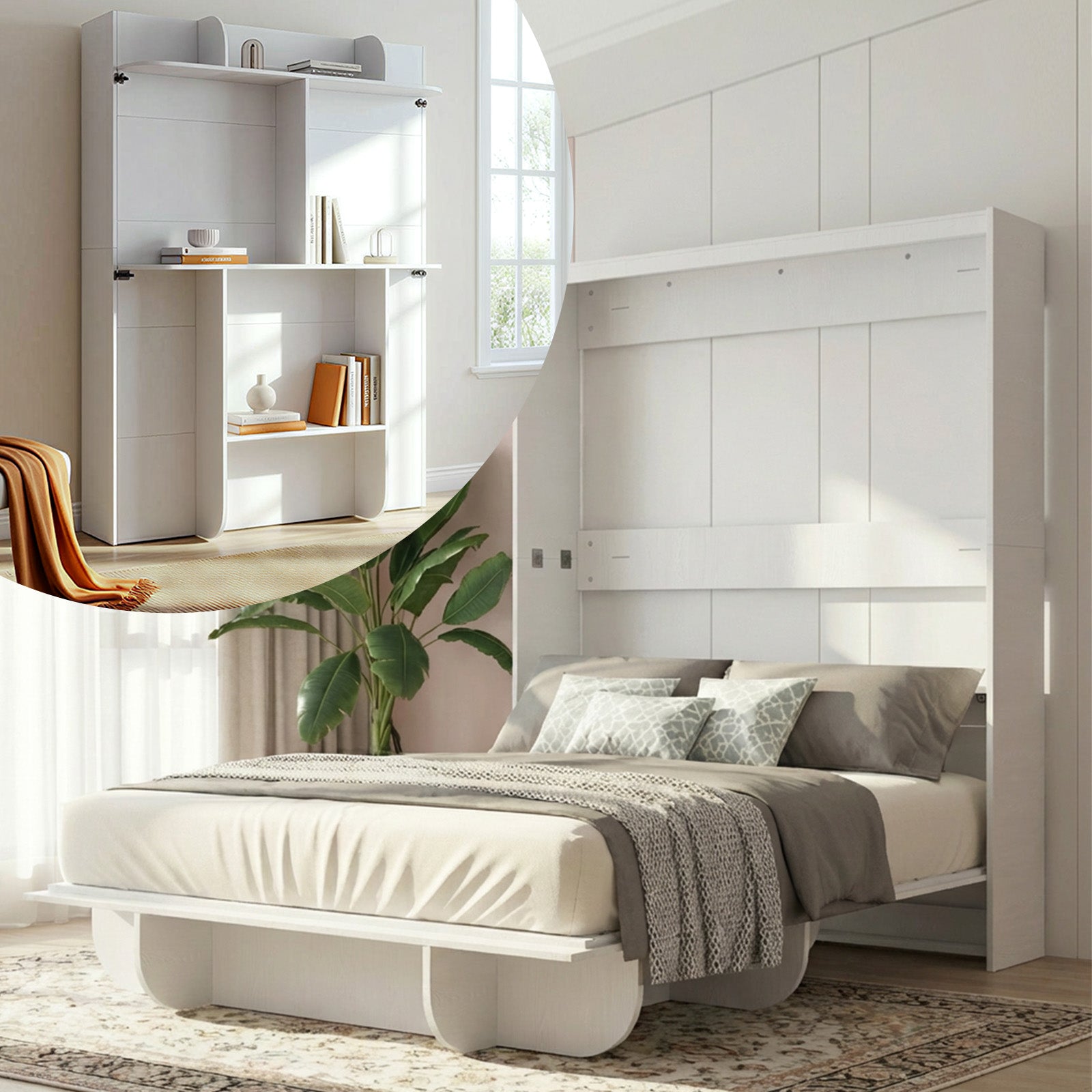 Puremind Queen Size Murphy Bed, Wood Foldable Wall Bed Frame, Storage Cabinet Bed for Bedroom/Office, Space-Saving, No Box Spring Needed