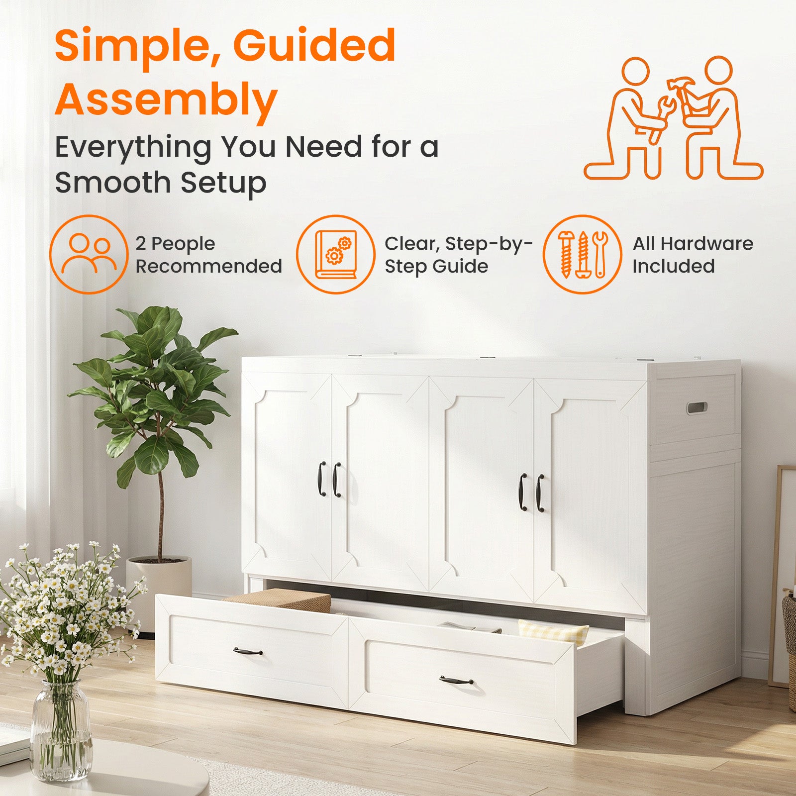 Puremind Queen Size Murphy Bed with Mattress, Murphy Cube Cabinet Bed with USB Charging Station and Storage Drawer, Murphy Chest Bed for Guest Room/Home/Office