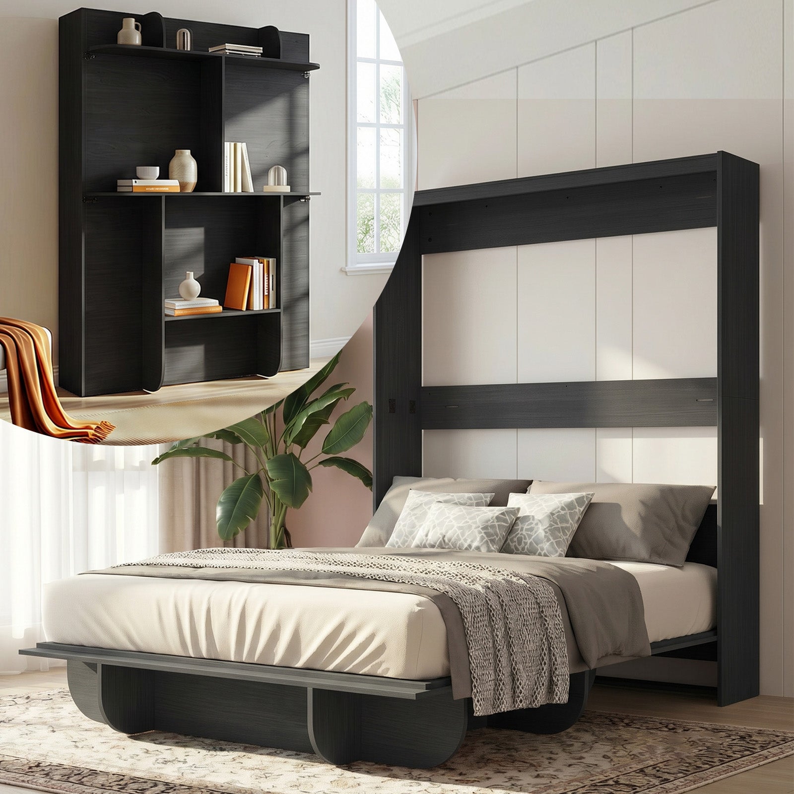 Puremind Queen Size Murphy Bed, Wood Foldable Wall Bed Frame, Storage Cabinet Bed for Bedroom/Office, Space-Saving, No Box Spring Needed