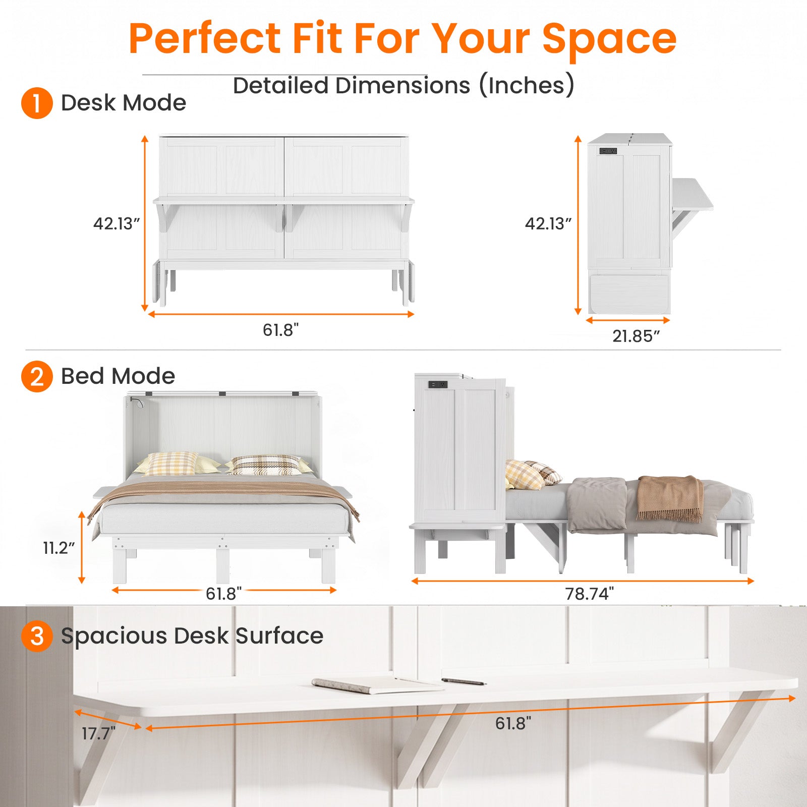 Puremind Murphy Bed with Mattress & Desk, Hideaway Wall Bed with Charging Port, Folding Cabinet Bed for Home/Small Space
