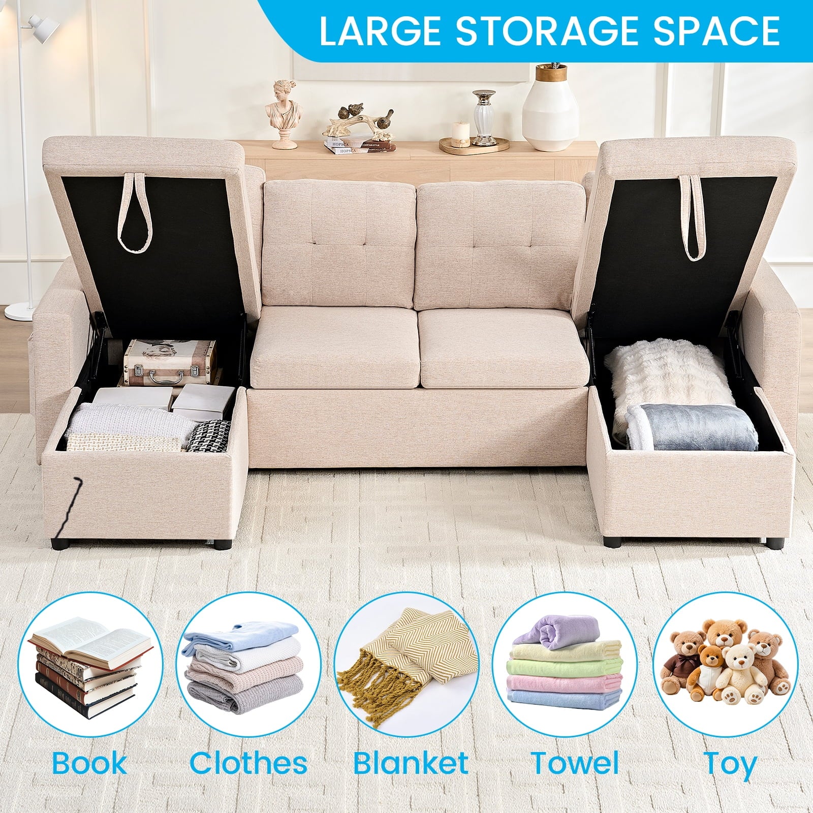 Mjkone Oversized U Shaped Sectional Sleeper Sofa Bed with Double Storage Chaise,Convertible Pull Out Couch Bed with Side Pocket for Living Room/Apartment,