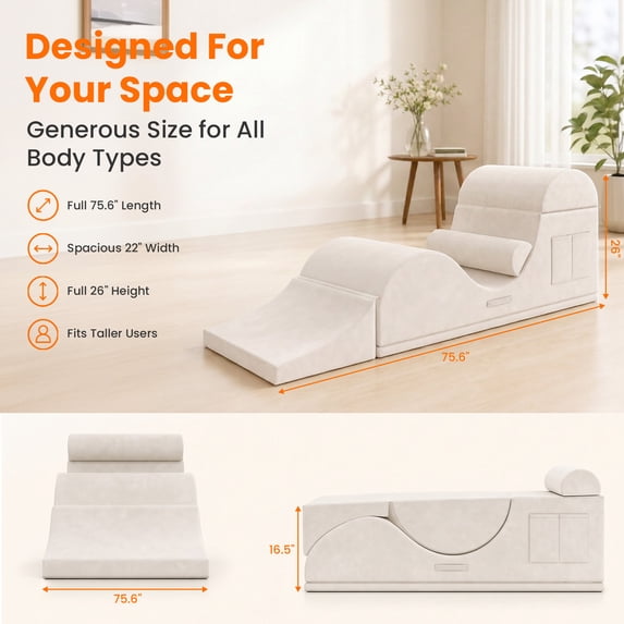 Mjkone Convertible Yoga Chair for Adults,Velvet Yoga Chaise Lounge with Lumbar Pillow,Ergonomic Foam Lounge with Side Pocket,