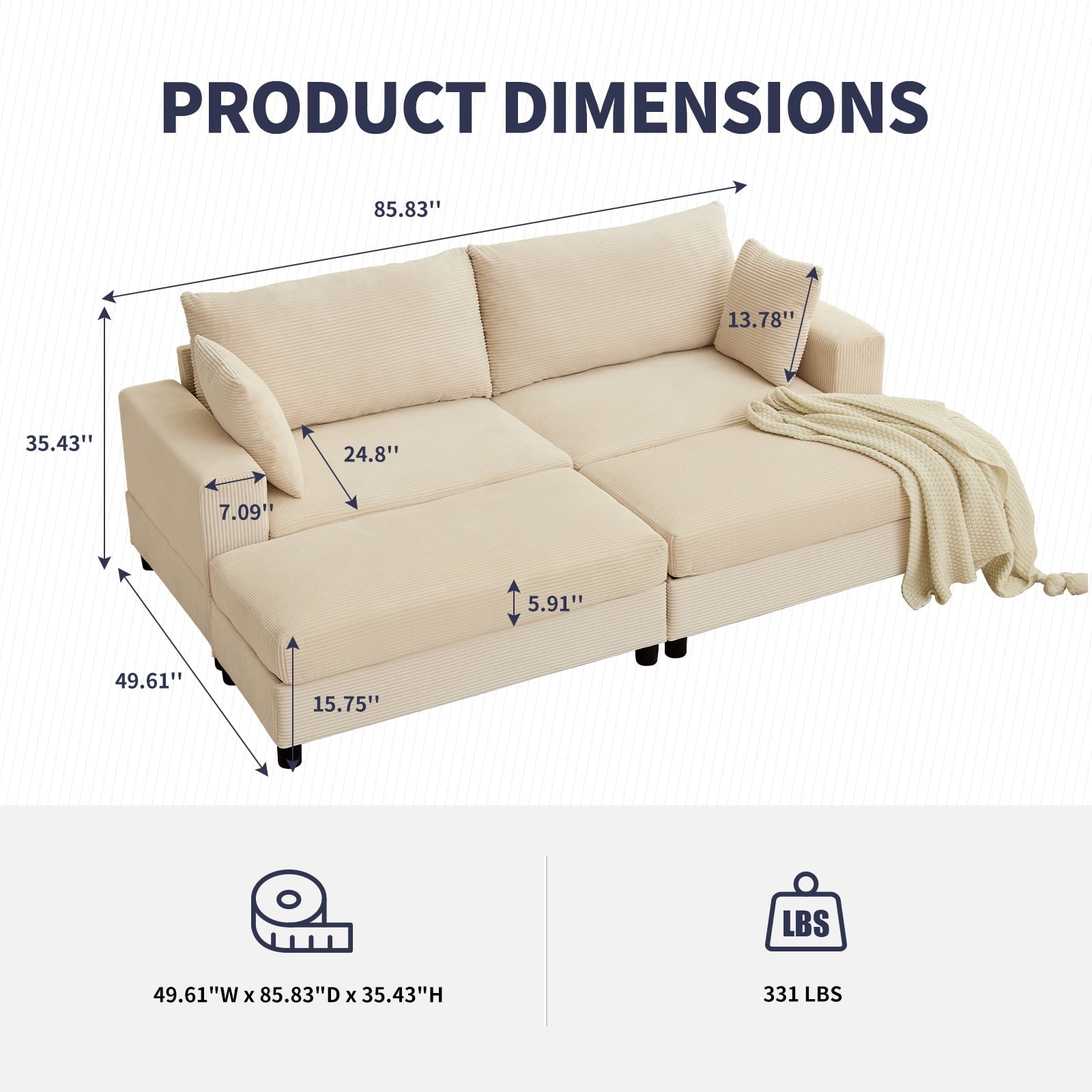 ZAFLY 85” Black Sectional Sofa with Chaise, Oversized Loveseat Deep Seat Couch, Corduroy Sleeper Sofa for Small Spaces/Apartment