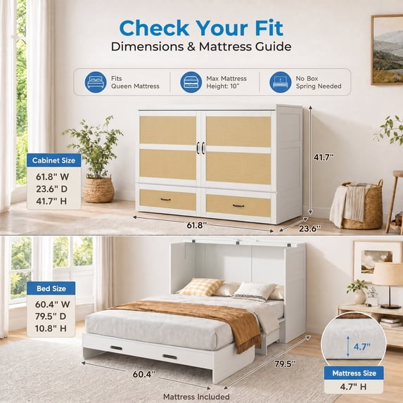 Mjkone Murphy Bed Queen with Mattress,Murphy Cabinet Bed with Rattan Panel and Charging Station,Multifunctional Storage Cabinet Beds for Bedroom