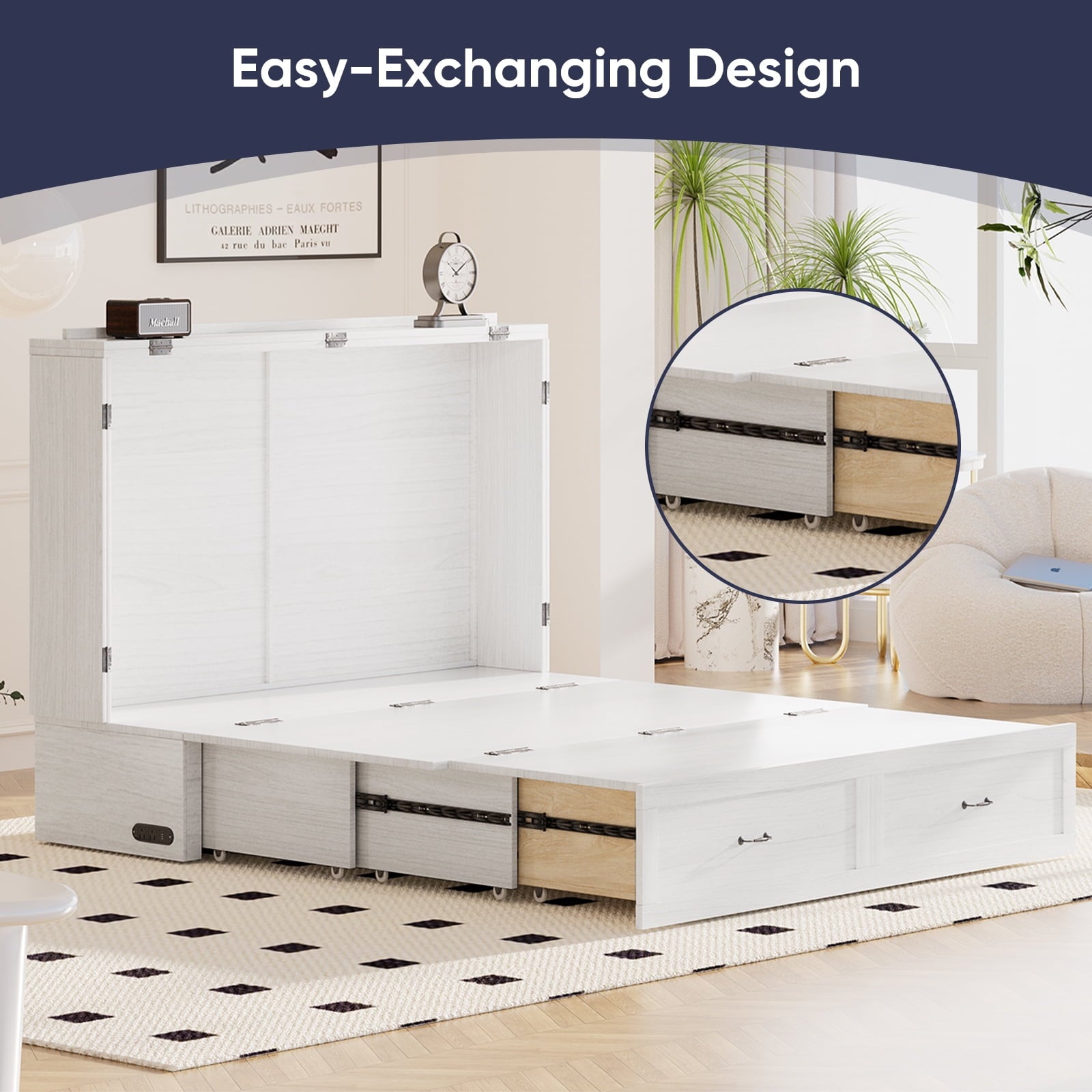 ZAFLY Murphy Bed with Trifold Foam Mattress, Cabinet Bed with Charging Station, Queen Size Cabinet Chest Bed with Large Drawers for Living Room/Bedroom