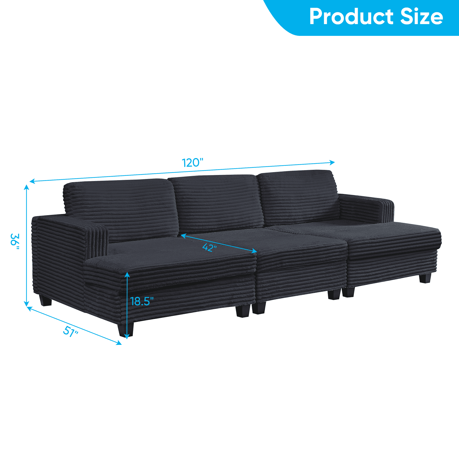 ZAFLY 120” Oversized Sectional sofa, Deep Seat Couch with Wider Armrests, Corduroy Sleeper Sofa for Living Room