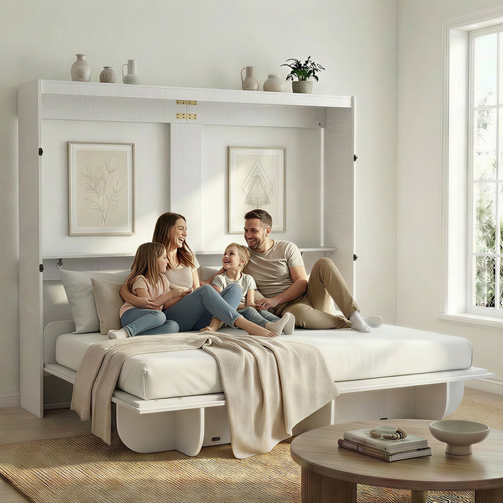 Mjkone Murphy Wall Bed Queen Size,Wall Bed with Shelves,Multifunctional Murphy Bed for Small Space/Bedroom/Guest Room,White