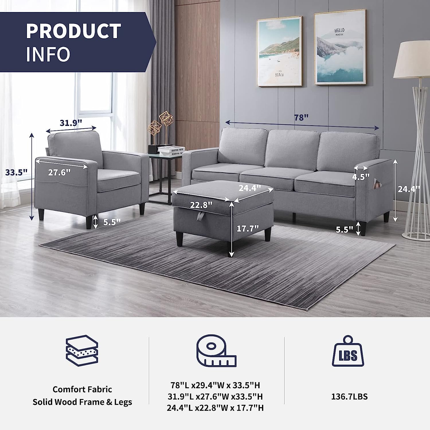 ZAFLY Convertible Sectional Sofa Set,3-Seat L Shape Sofa with Storage Ottoman and Armchair,Living Room Furniture Couch Set Sectional Couches Set for Living Room,Bedroom,Apartment