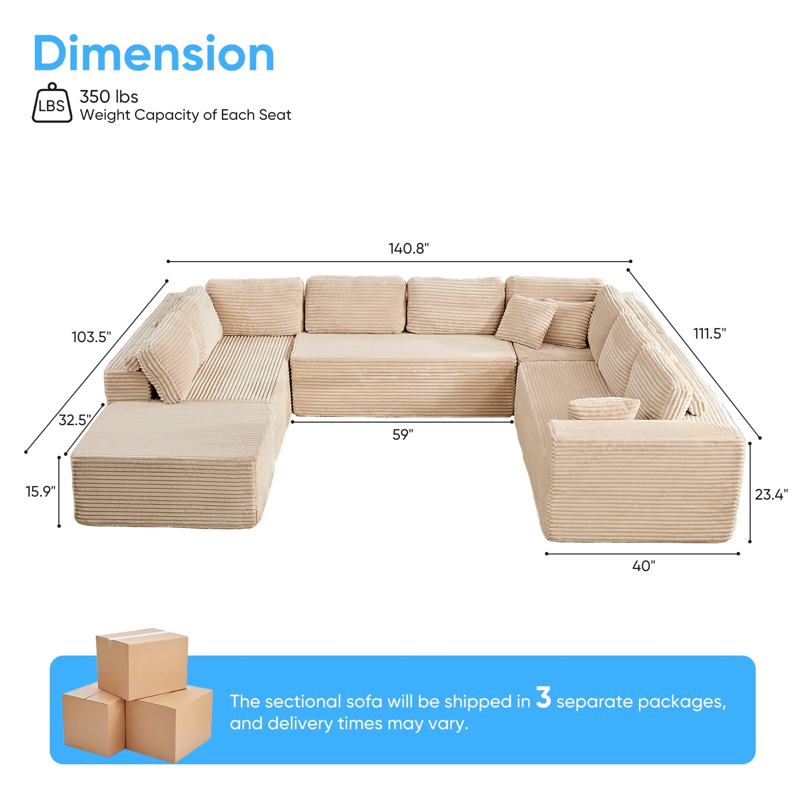 Mjkone 140"Oversized Modular U Shped Sectional Sofa,Corduroy Cloud Couch with Movable Ottoman for Living Room,No Assembly Required,