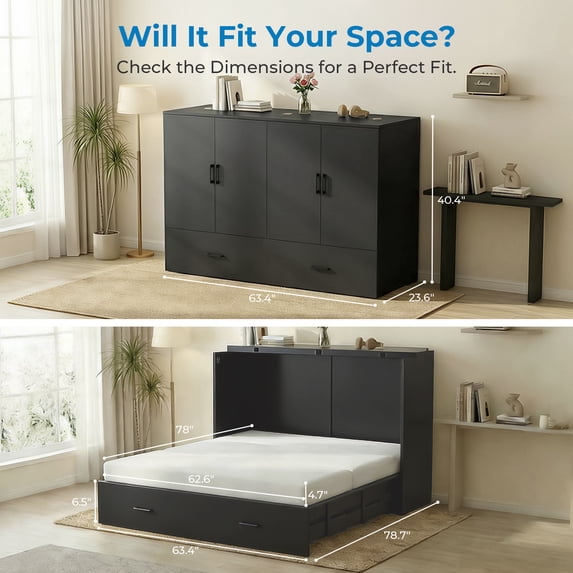 Mjkone Queen Size Murphy Bed with LED Light,Murphy Cabinet Bed with Folding Mattress,Convertible Cabinet Bed for Small Space