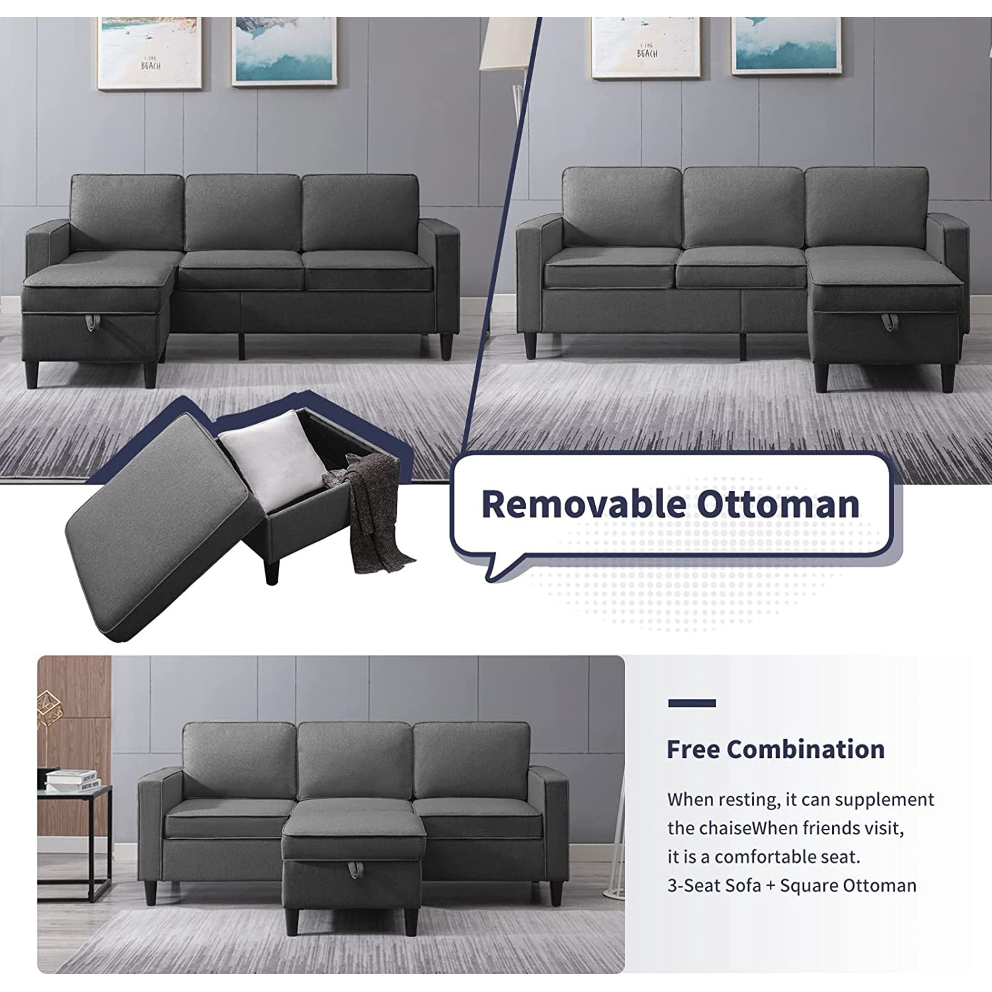 ZAFLY Convertible Sectional Sofa Set,3-Seat L Shape Sofa with Storage Ottoman and Armchair,Living Room Furniture Couch Set Sectional Couches Set for Living Room,Bedroom,Apartment