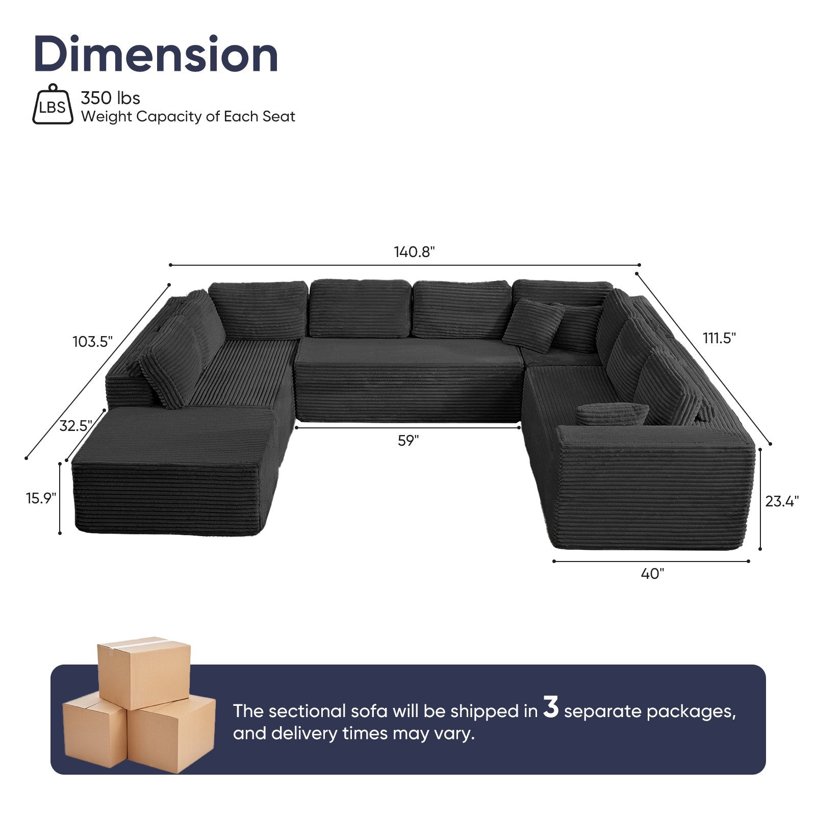 ZAFLY 140" U Shaped Modular Sectional Sofa, Corduroy Cloud Couch with Deep Seat, Oversized Sectionals for Living Room,