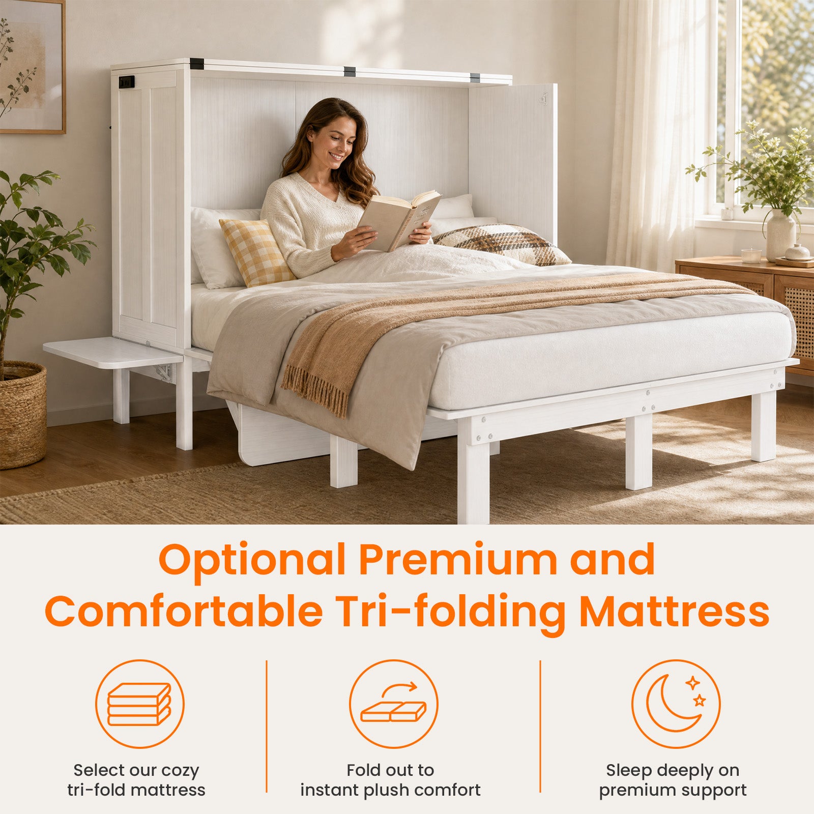 Puremind Murphy Bed with Mattress & Desk, Hideaway Wall Bed with Charging Port, Folding Cabinet Bed for Home/Small Space