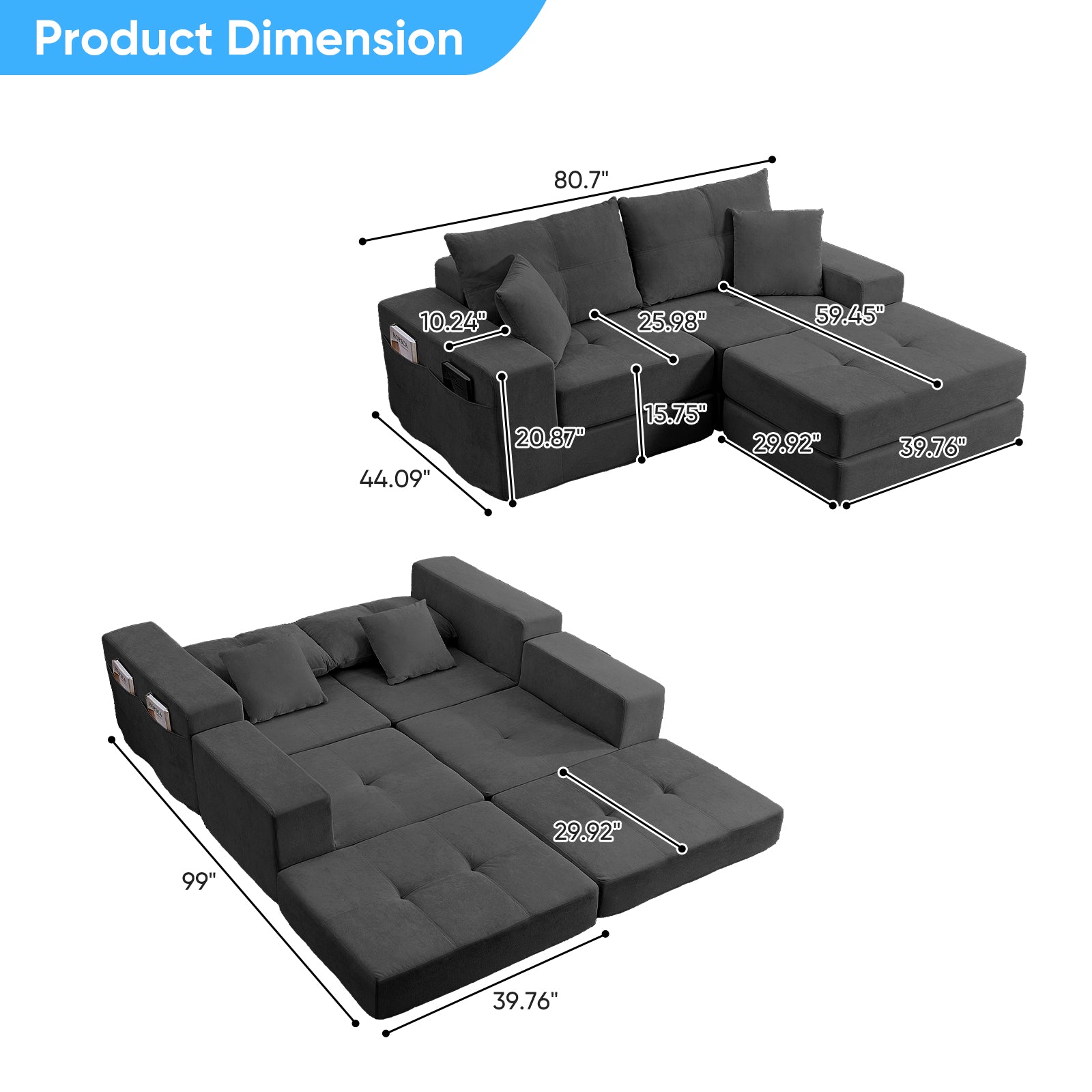 PUREMIND 80.7"W Modular Sectional Sofa, Floor Couch Bed with Side Pockets, Modern Boneless Sofa Sleeper Sofa with L-Shape Chaise, No Assembly Required