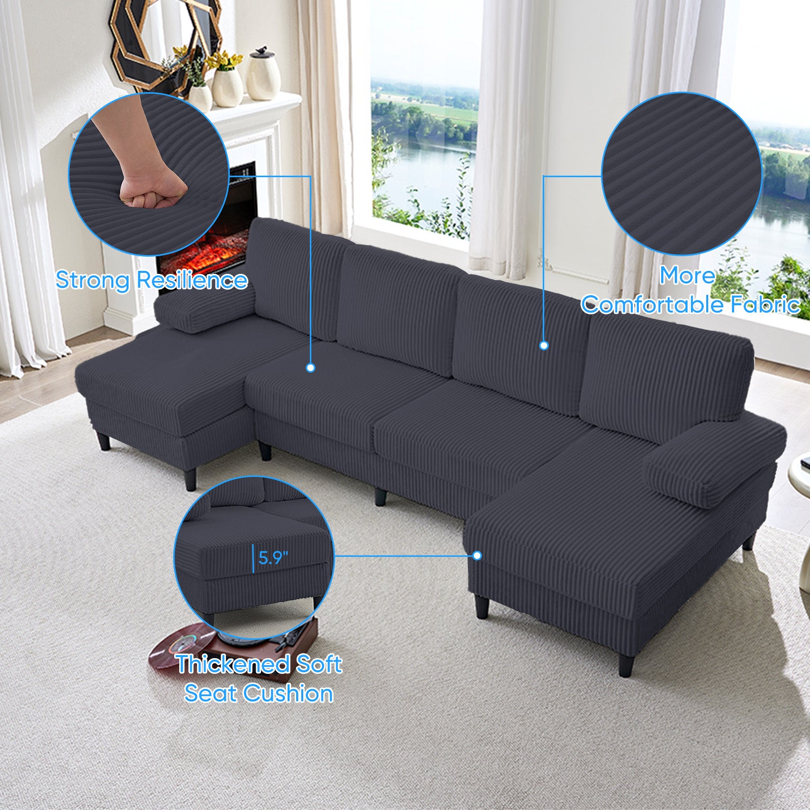 Puremind 110" U Shaped Sofa, Modern Sectional Couch for Living Room/Apartment, Plush Corduroy Sofa