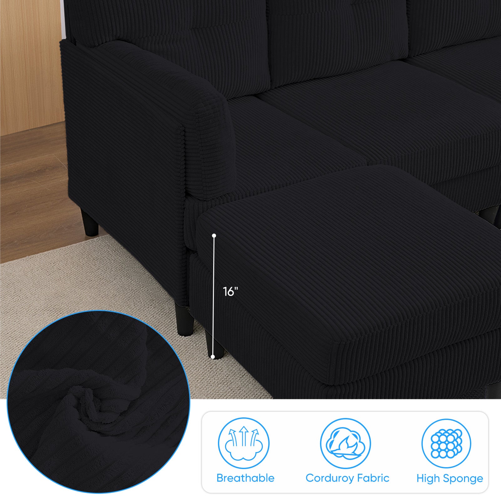 Puremind U Shaped Sofa with 2 Movable Ottomans, Corduroy Modular Sectional Couch for Living Room/Apartment