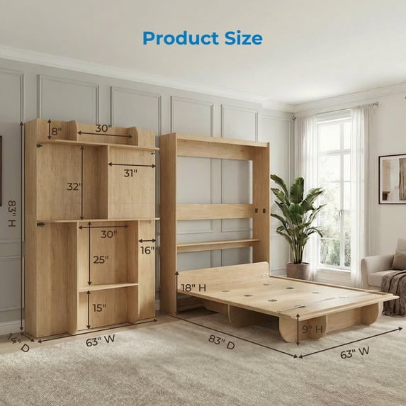 Mjkone Murphy Wall Bed Queen Size,Wall Bed with Shelves,Multifunctional Murphy Bed for Small Space/Bedroom/Guest Room