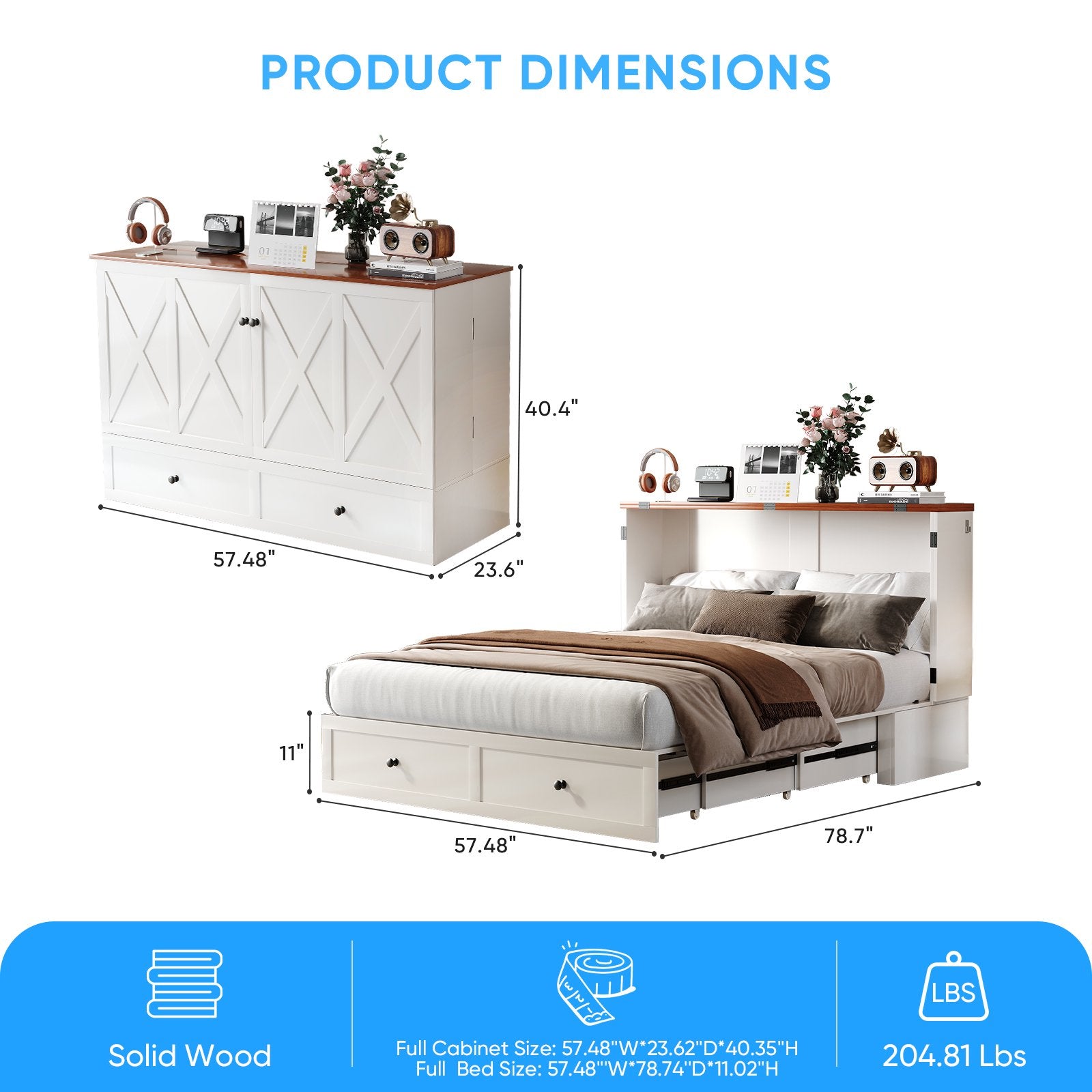 Mjkone Murphy Chest Bed,Full Size Cabinet Bed with Storage Drawers and USB Charging Station,Folding Chest Bed with Mattress for Living Room/Bedroom,