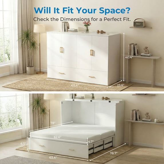 Mjkone Queen Size Murphy Bed with LED Light,Murphy Cabinet Bed with Folding Mattress,Convertible Cabinet Bed for Small Space