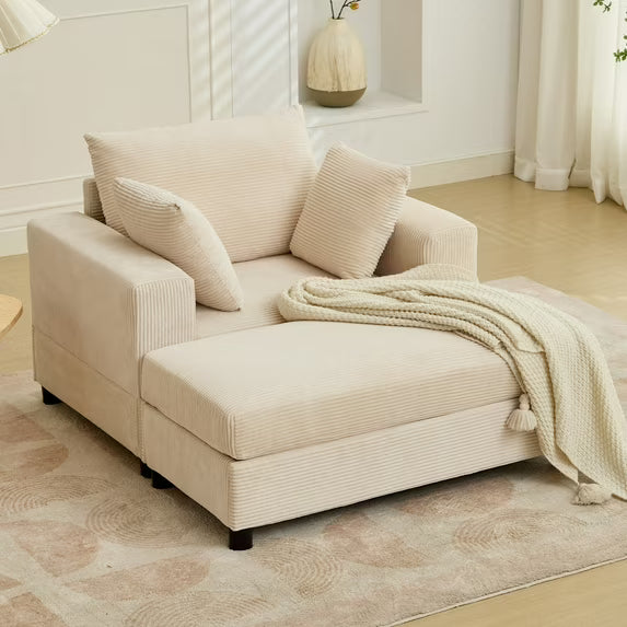 BALUS Chaise Lounge Chair Indoor with Ottoman, Oversized Corduroy Single Sofa Chair with 2 Pillows, Comfy Deap Sleeper Seat for Living Room