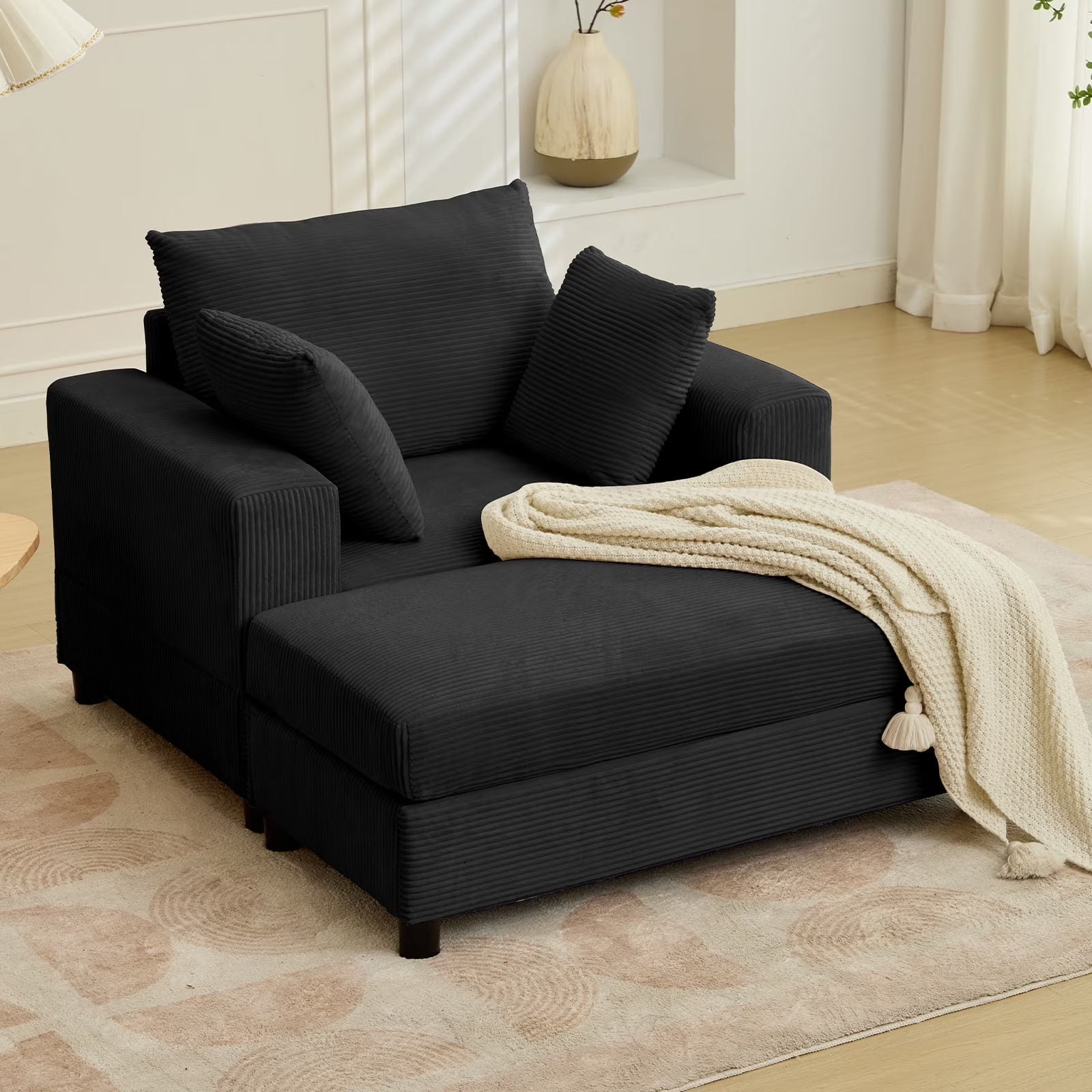 BALUS Chaise Lounge Chair Indoor with Ottoman, Oversized Corduroy Single Sofa Chair with 2 Pillows, Comfy Deap Sleeper Seat for Living Room