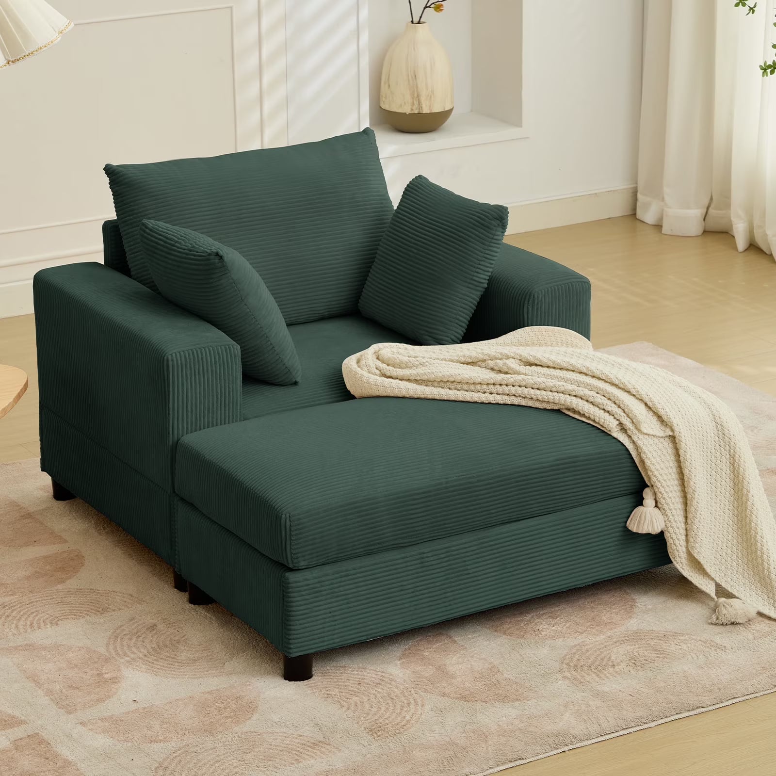 BALUS Chaise Lounge Chair Indoor with Ottoman, Oversized Corduroy Single Sofa Chair with 2 Pillows, Comfy Deap Sleeper Seat for Living Room