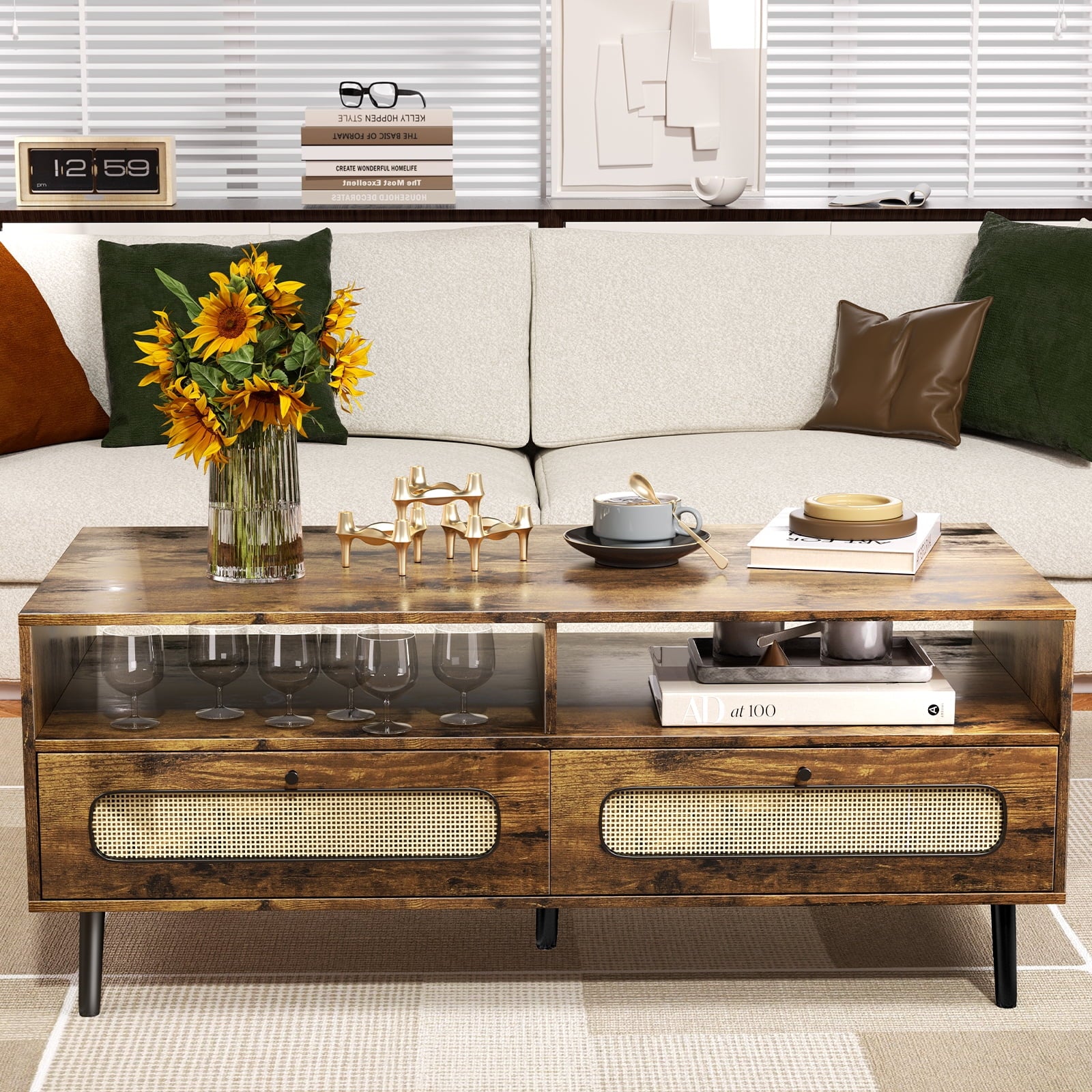 CECER Coffee Table, Mid Century Modern Coffee Table with Lift-Top Design and 2 Storage Cabinets for Living Room