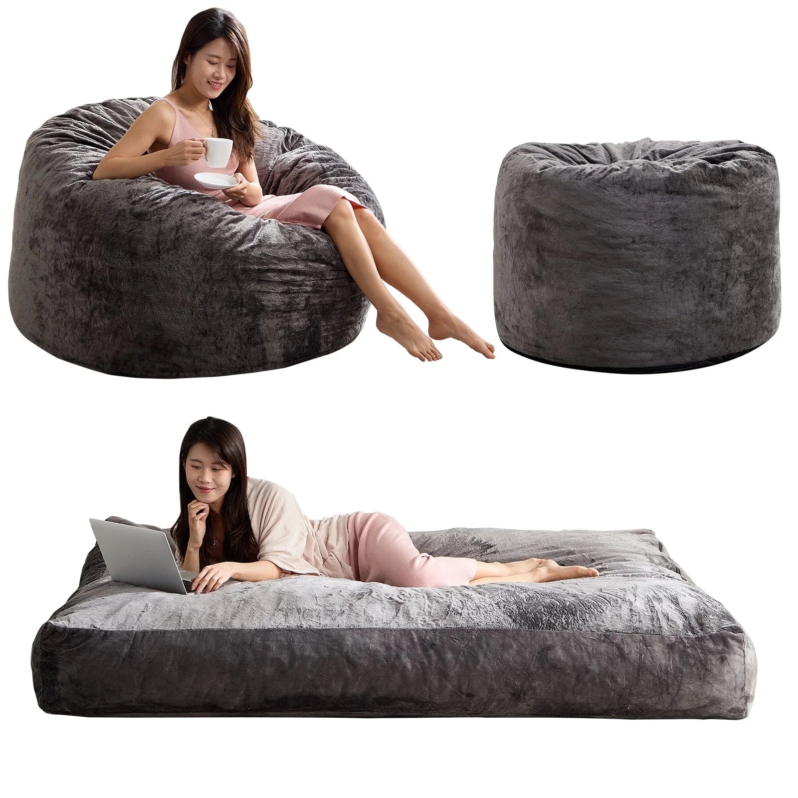 BALUS Convertible 2-in-1 Bean Bag Chair & Bed with Removable Velvet Covers, Memory Foam Giant Bean Bag for Apartment