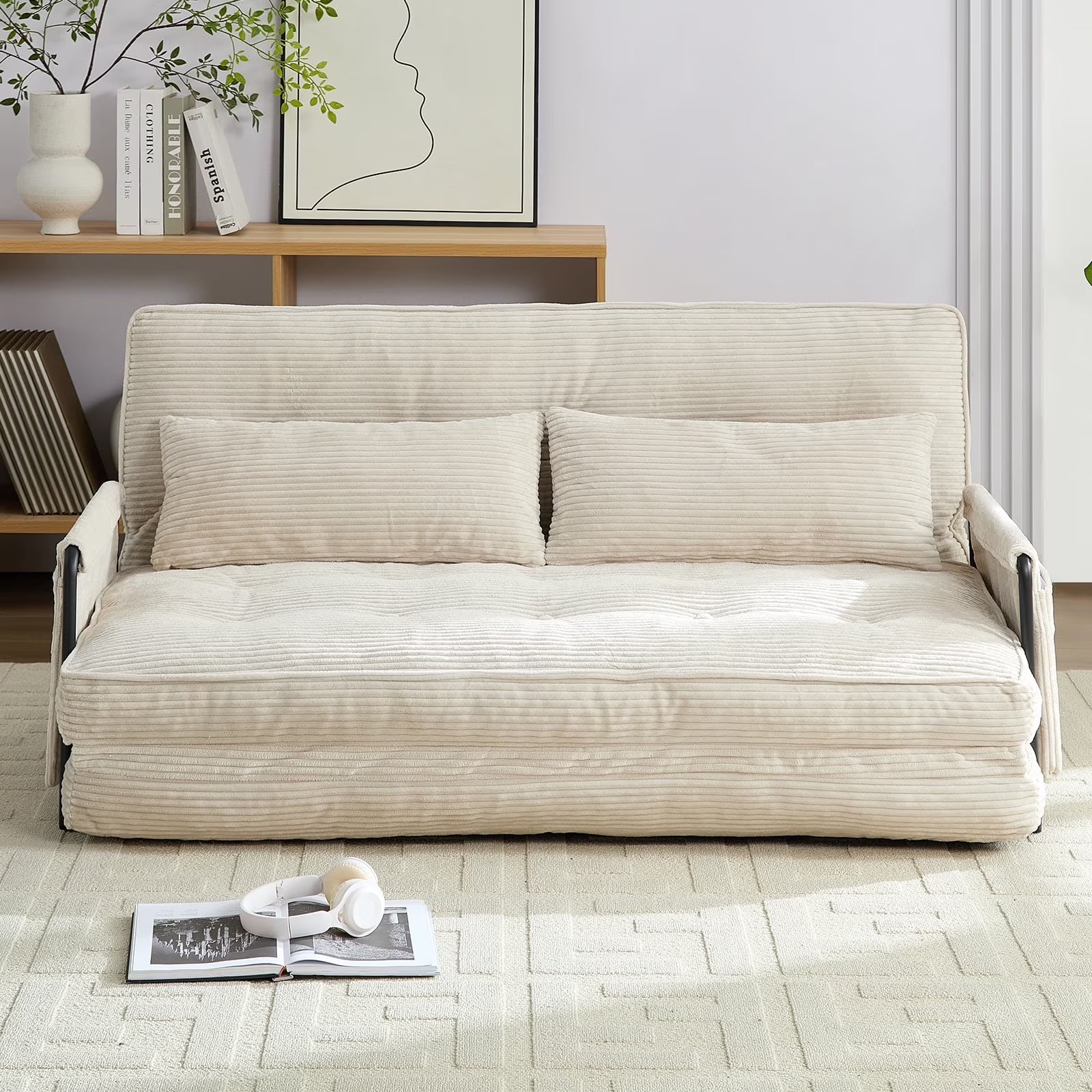 BALUS Futon Sofa Bed, 4-in-1 Corduroy Floor Couch Bed with Folding Mattress, Convertible Sleeper Sofa for Living Room,
