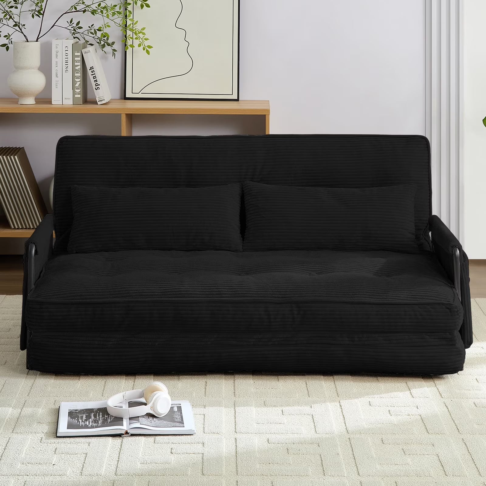 BALUS Futon Sofa Bed, 4-in-1 Corduroy Floor Couch Bed with Folding Mattress, Convertible Sleeper Sofa for Living Room,