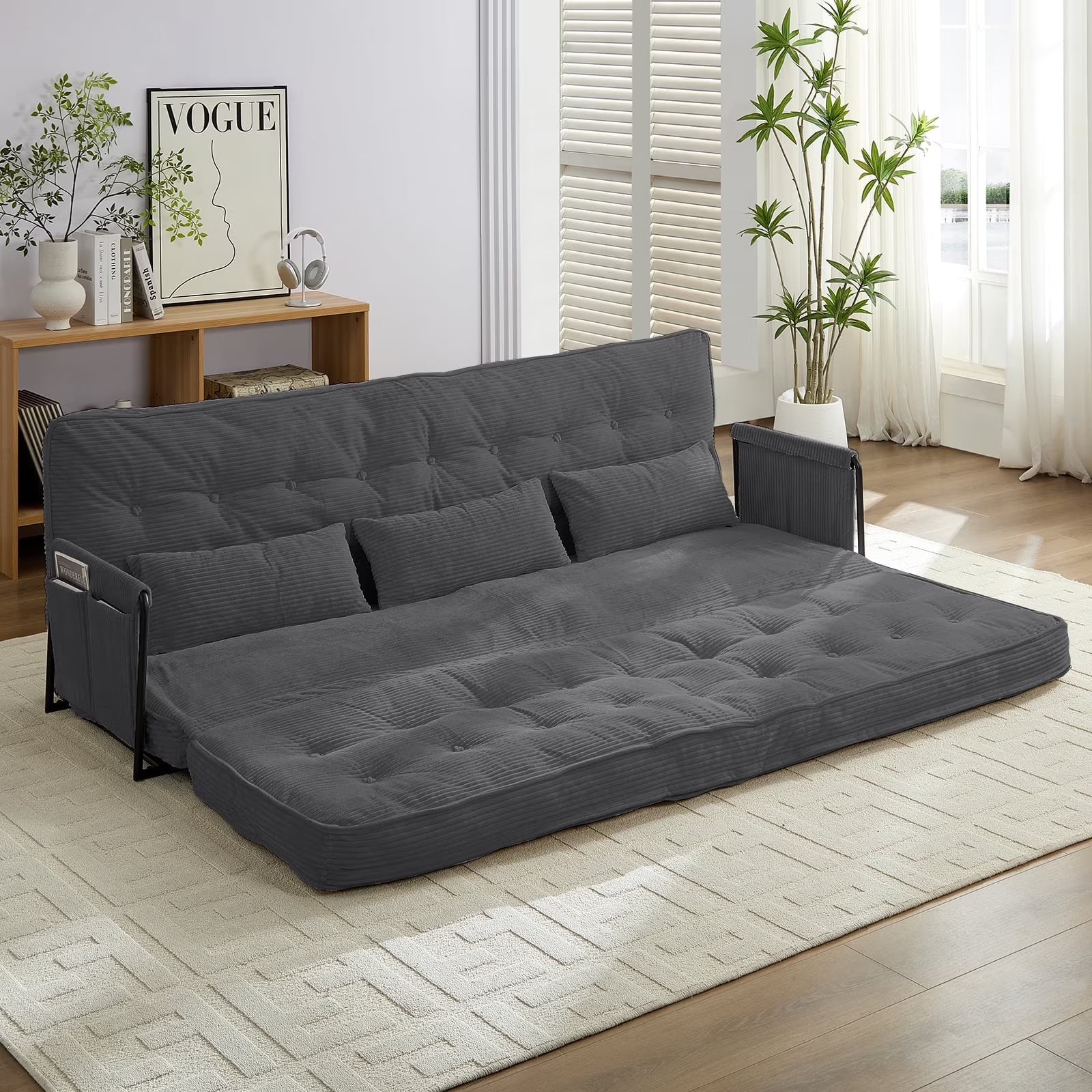 BALUS Futon Sofa Bed, 4-in-1 Corduroy Floor Couch Bed with Folding Mattress, Convertible Sleeper Sofa for Living Room,