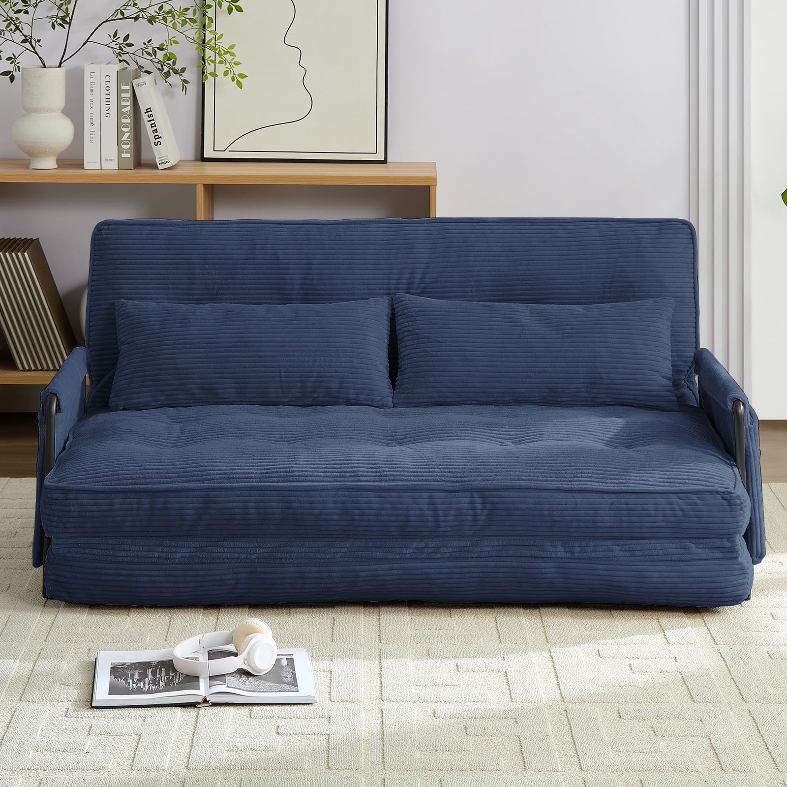 BALUS Futon Sofa Bed, 4-in-1 Corduroy Floor Couch Bed with Folding Mattress, Convertible Sleeper Sofa for Living Room,
