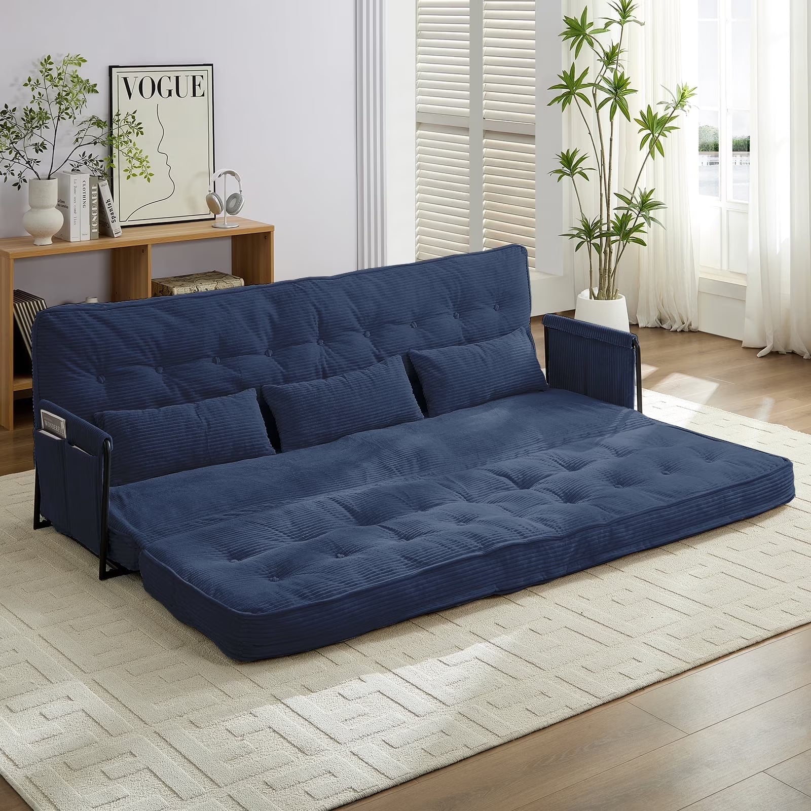 BALUS Futon Sofa Bed, 4-in-1 Corduroy Floor Couch Bed with Folding Mattress, Convertible Sleeper Sofa for Living Room,