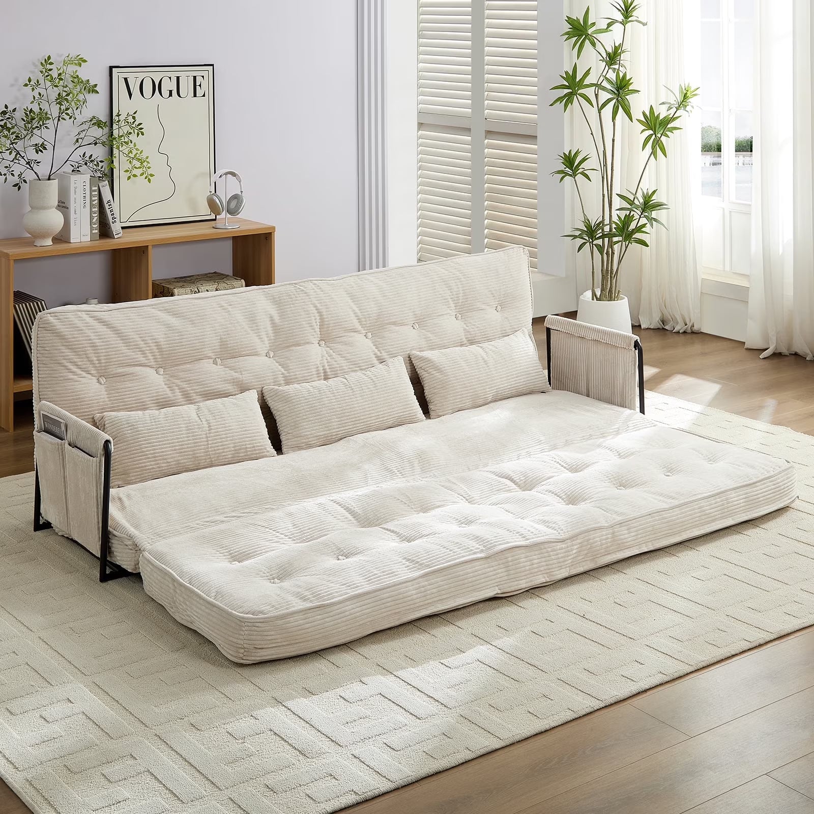 BALUS Futon Sofa Bed, 4-in-1 Corduroy Floor Couch Bed with Folding Mattress, Convertible Sleeper Sofa for Living Room,