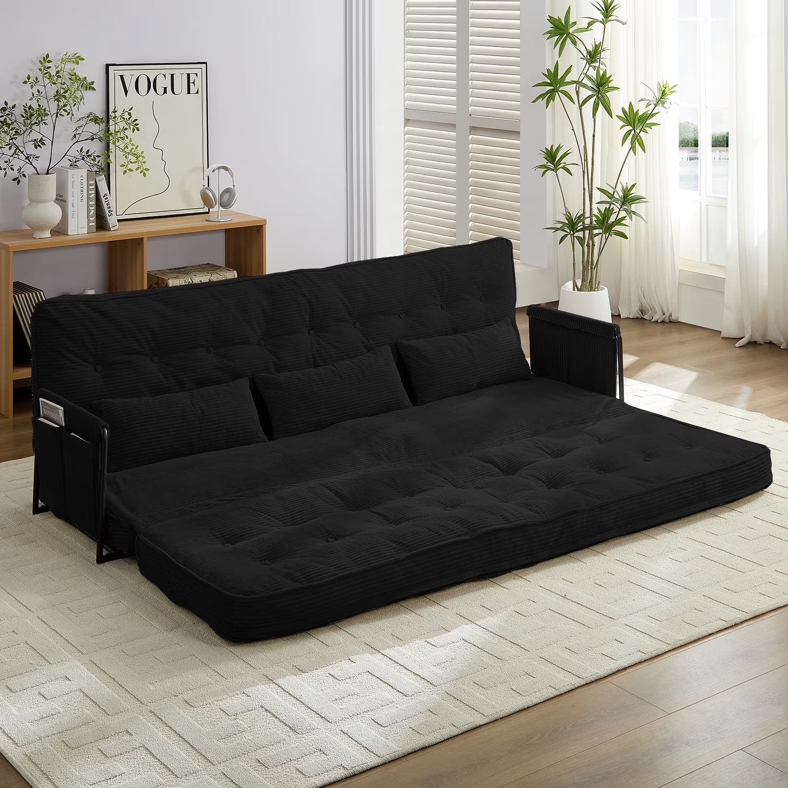 BALUS Futon Sofa Bed, 4-in-1 Corduroy Floor Couch Bed with Folding Mattress, Convertible Sleeper Sofa for Living Room,