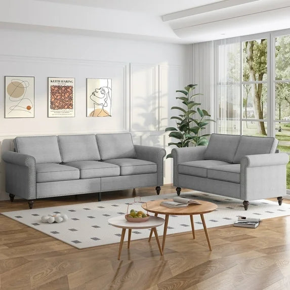 BALUS Living Room Sofa Set, Linen Fabric Sectional Sofa and Loveseat Sets, Free Combination Couch Perfect for Small Spaces, Light Grey