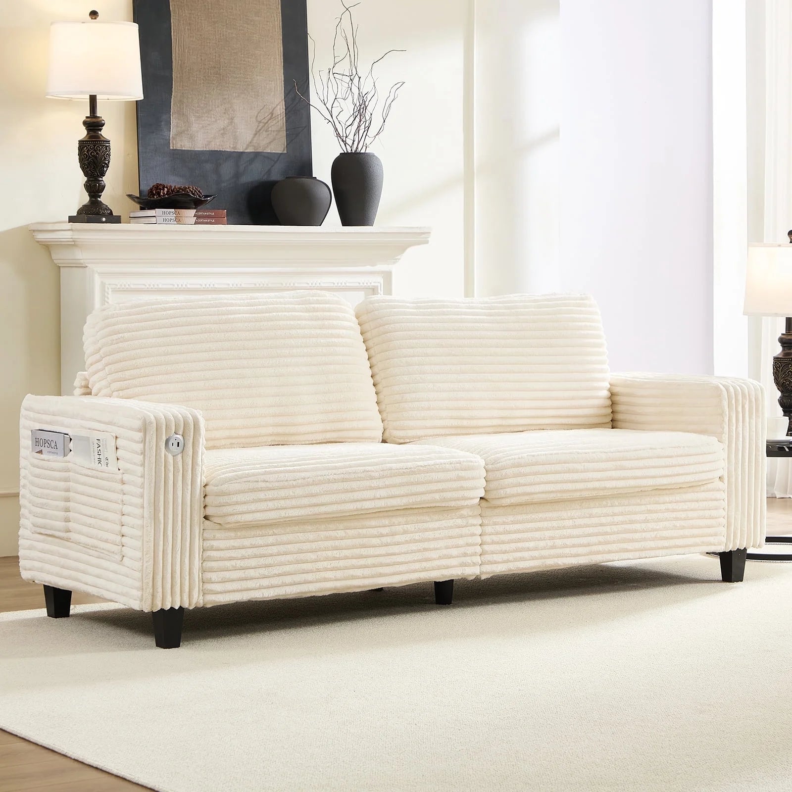 BALUS Modern Loveseat Sofa, Corduroy Couch with Built-in USB Ports & Side Pockets, Space-Saving Design for Small Living Rooms