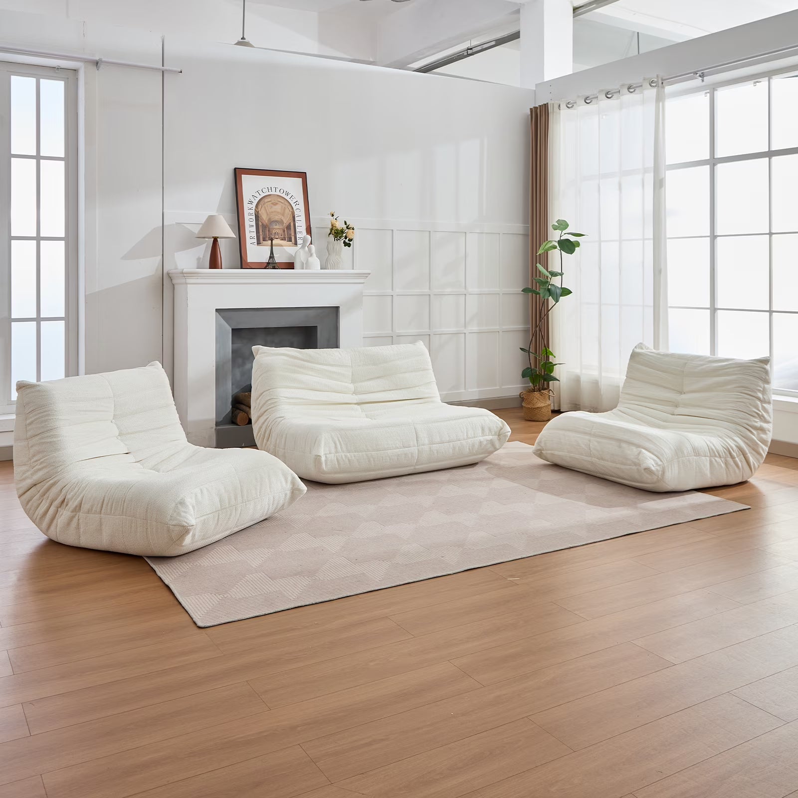 BALUS Modern Sectional Sofa Togo Sofa Lazy Sofa Foam Couch Floor Sofa Bean Bag Chair for Bedroom, Living Room, Beige