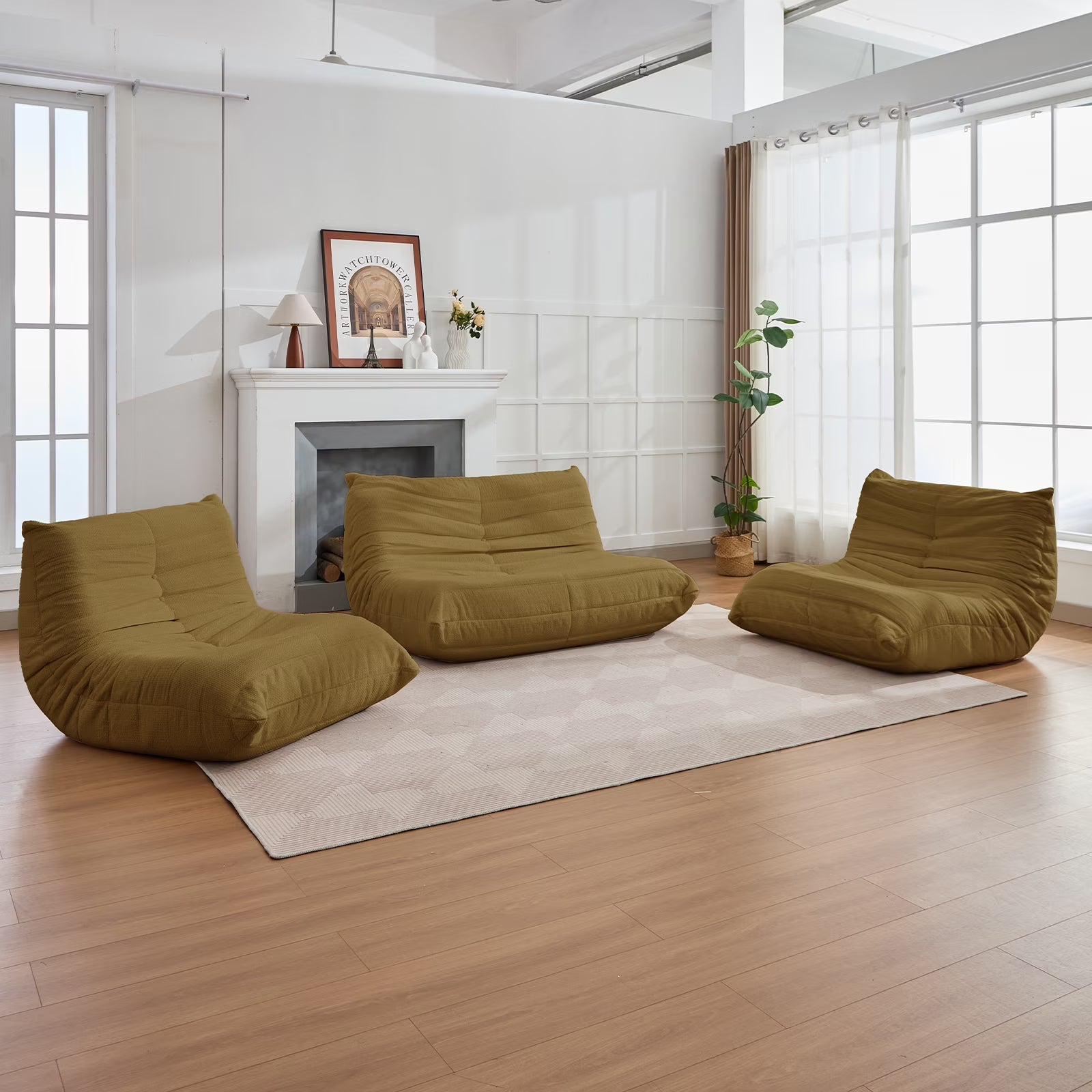 BALUS Modern Sectional Sofa Togo Sofa Lazy Sofa Foam Couch Floor Sofa Bean Bag Chair for Bedroom, Living Room, Beige