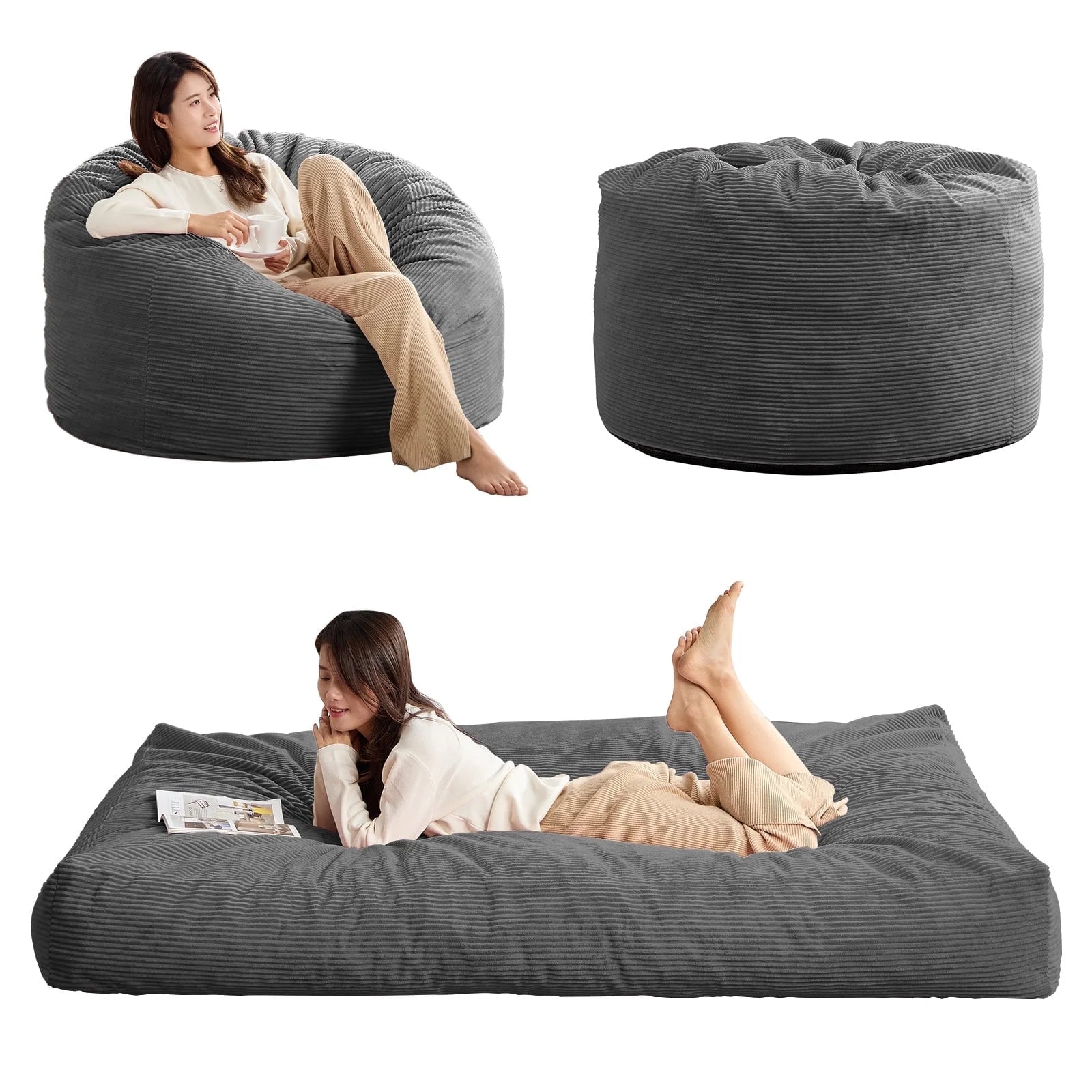 BALUS Convertible 2-in-1 Bean Bag Chair & Bed with Removable Velvet Covers, Memory Foam Giant Bean Bag for Apartment