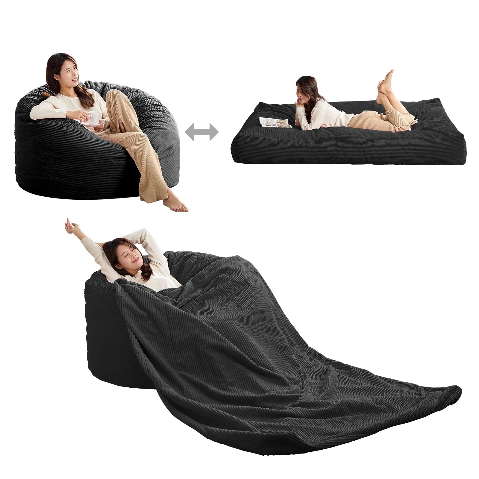 BALUS Convertible 2-in-1 Bean Bag Chair & Bed with Removable Velvet Covers, Memory Foam Giant Bean Bag for Apartment