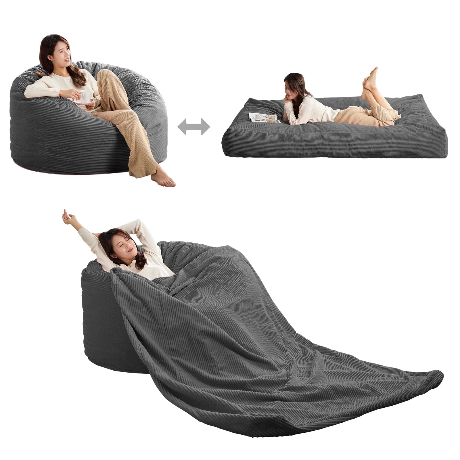BALUS Convertible 2-in-1 Bean Bag Chair & Bed with Removable Velvet Covers, Memory Foam Giant Bean Bag for Apartment