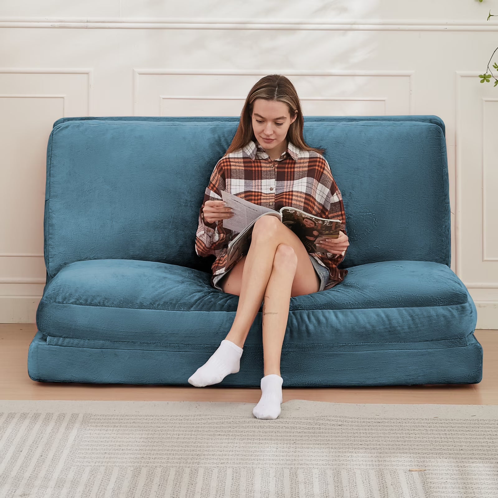 BALUS Multi-Functional Foldable Floor Cushion with Velvet Cover & High-Resilience Foam – Converts to Sofa, Chaise, Mattress, or Gaming Mat