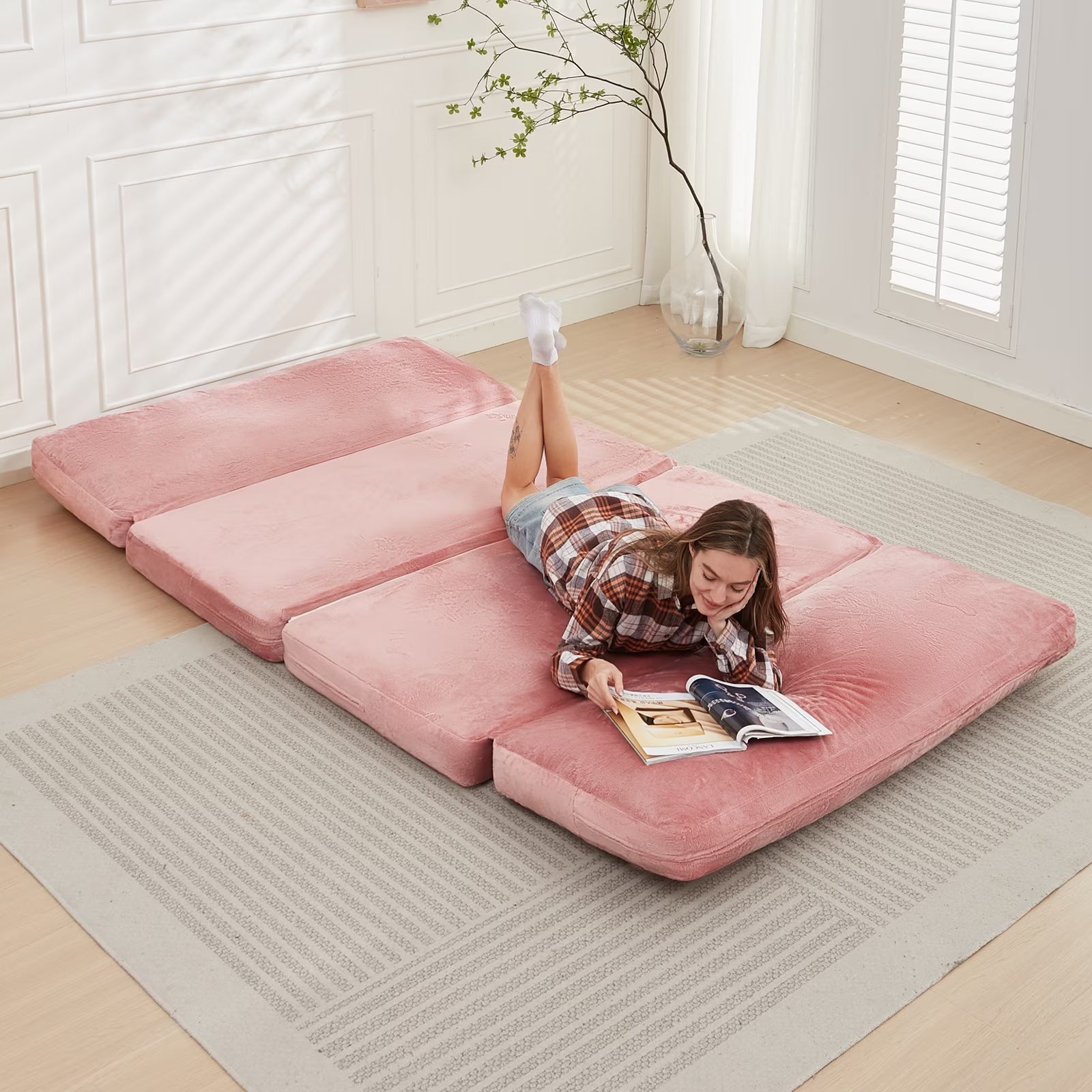 BALUS Multi-Functional Foldable Floor Cushion with Velvet Cover & High-Resilience Foam – Converts to Sofa, Chaise, Mattress, or Gaming Mat