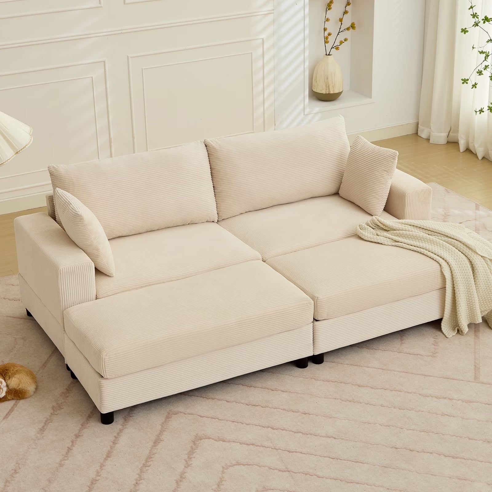 BALUS Oversized Loveseat Sectional Sofa with 2 Ottomans, 102.4" Corduroy Fabric Deep Seat Cloud Sofa for Living Room