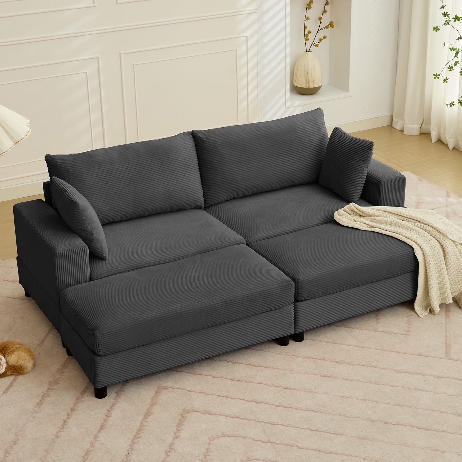 BALUS Oversized Loveseat Sectional Sofa with 2 Ottomans, 102.4" Corduroy Fabric Deep Seat Cloud Sofa for Living Room