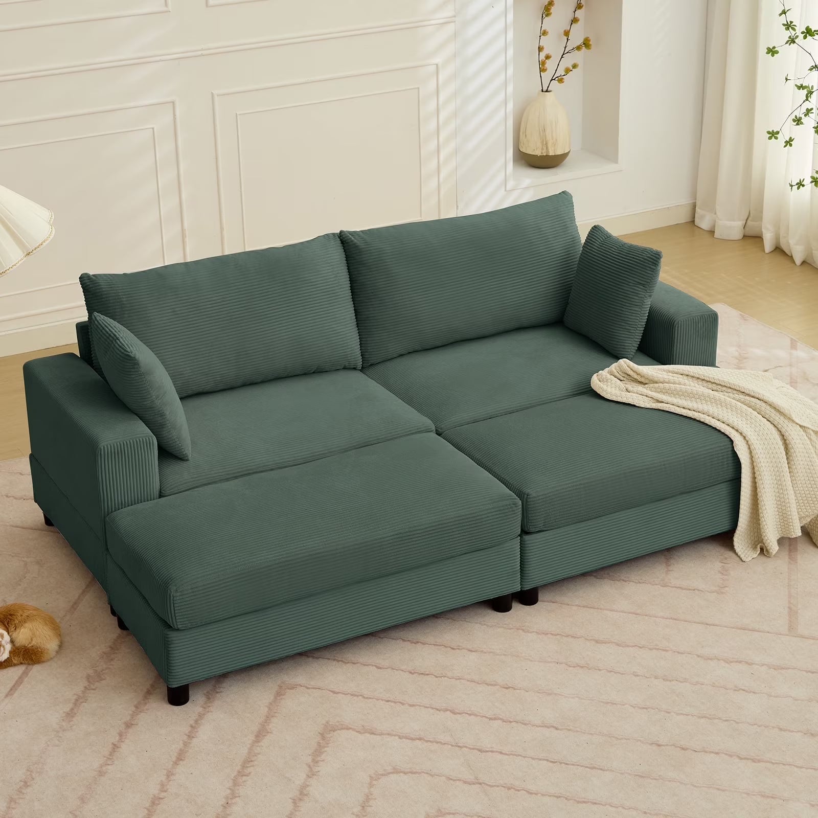 BALUS Oversized Loveseat Sectional Sofa with 2 Ottomans, 102.4" Corduroy Fabric Deep Seat Cloud Sofa for Living Room