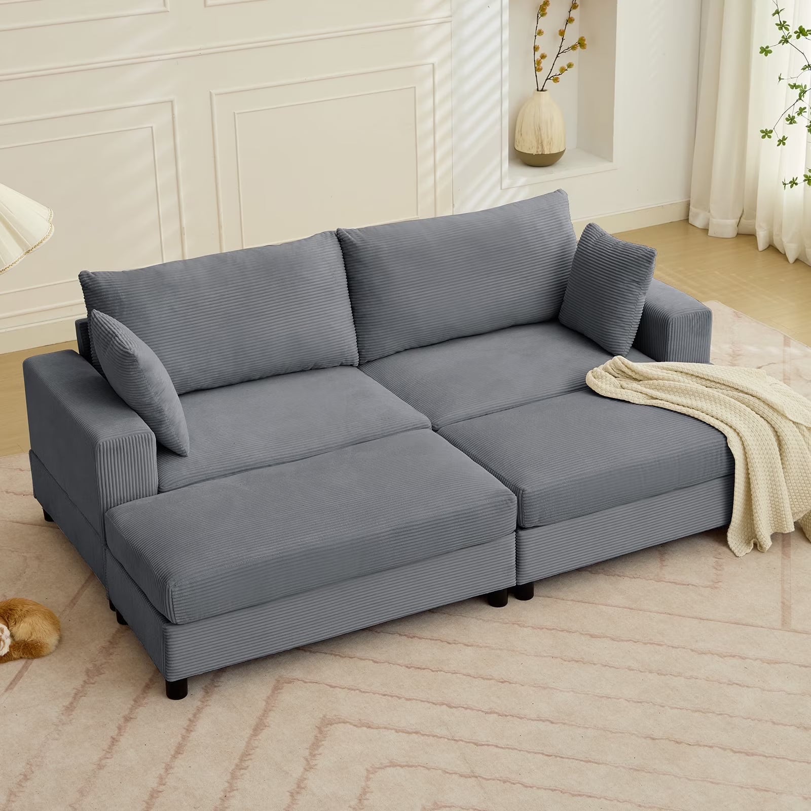 BALUS Oversized Loveseat Sectional Sofa with 2 Ottomans, 102.4" Corduroy Fabric Deep Seat Cloud Sofa for Living Room