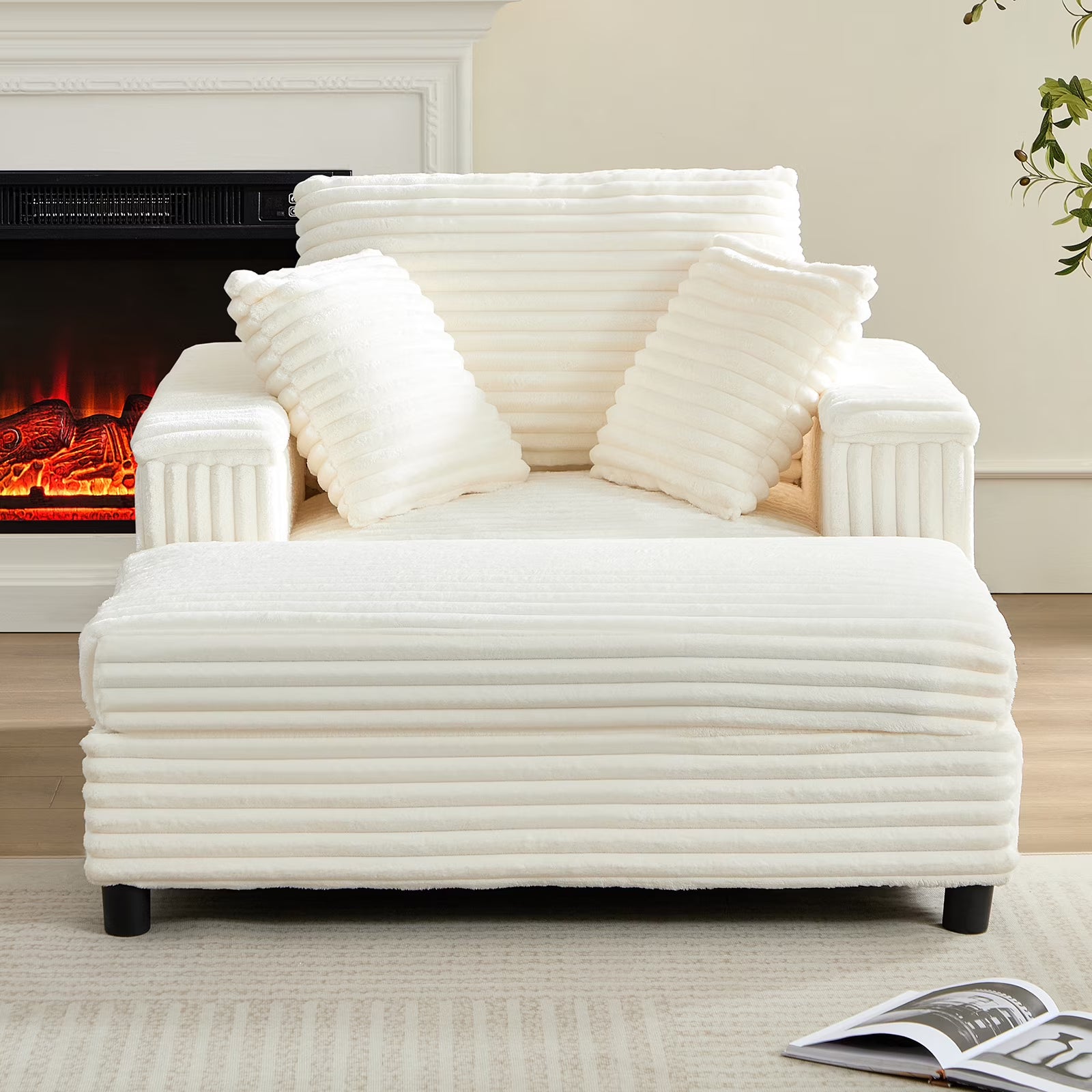 BALUS Chaise Lounge Chair Indoor with Ottoman, Oversized Corduroy Single Sofa Chair with 2 Pillows, Comfy Deap Sleeper Seat for Living Room