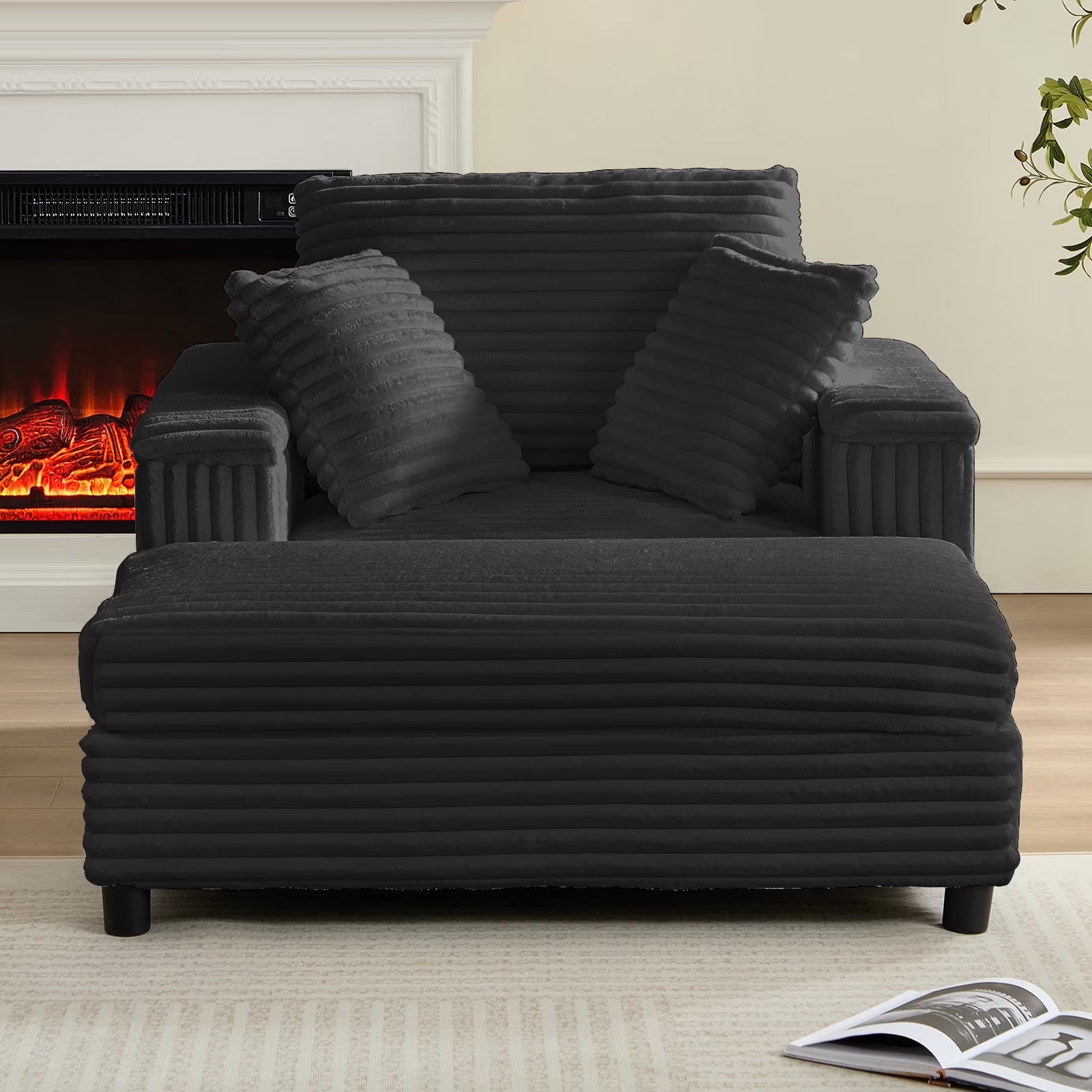 BALUS Chaise Lounge Chair Indoor with Ottoman, Oversized Corduroy Single Sofa Chair with 2 Pillows, Comfy Deap Sleeper Seat for Living Room